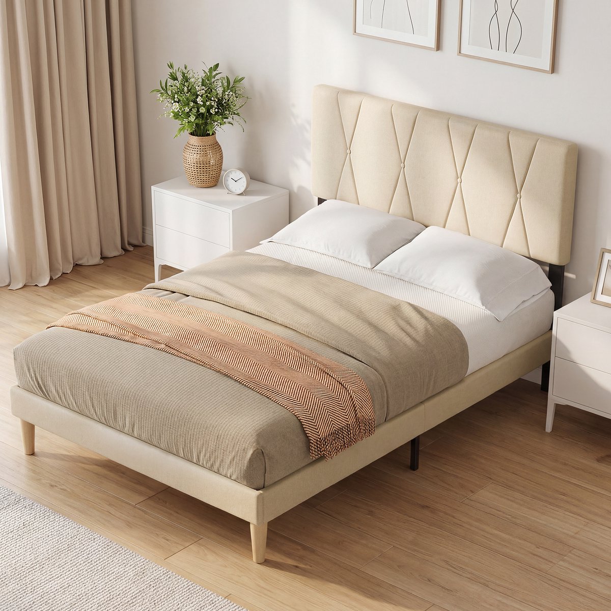 Xbro Gestoffeerd Bed 140 x 200 cm met Hoofdbord en Lattenbodem, Tweepersoonsbed met 20 cm Opbergruimte, Eenvoudige Montage,Donkergrijs