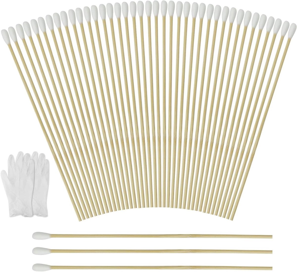 Wattenstaafjes Lange Handgreep - Wattendragers Reinigingsstaafjes - Precisie Reiniging - Pluisvrije Katoenkop - 15 cm - Wit Houtkleur