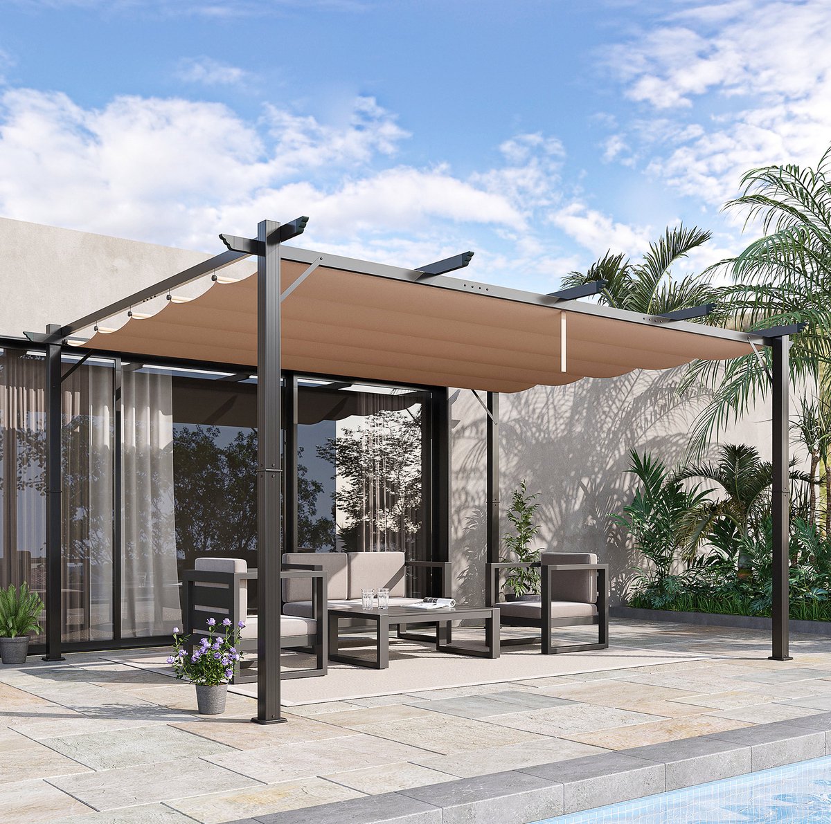 MEUNIQ pergola paviljoen 3 x 4 m met verstelbaar stoffen dak en aluminium frame, vrijstaande overkapping voor terras en tuin, grijs en bruin