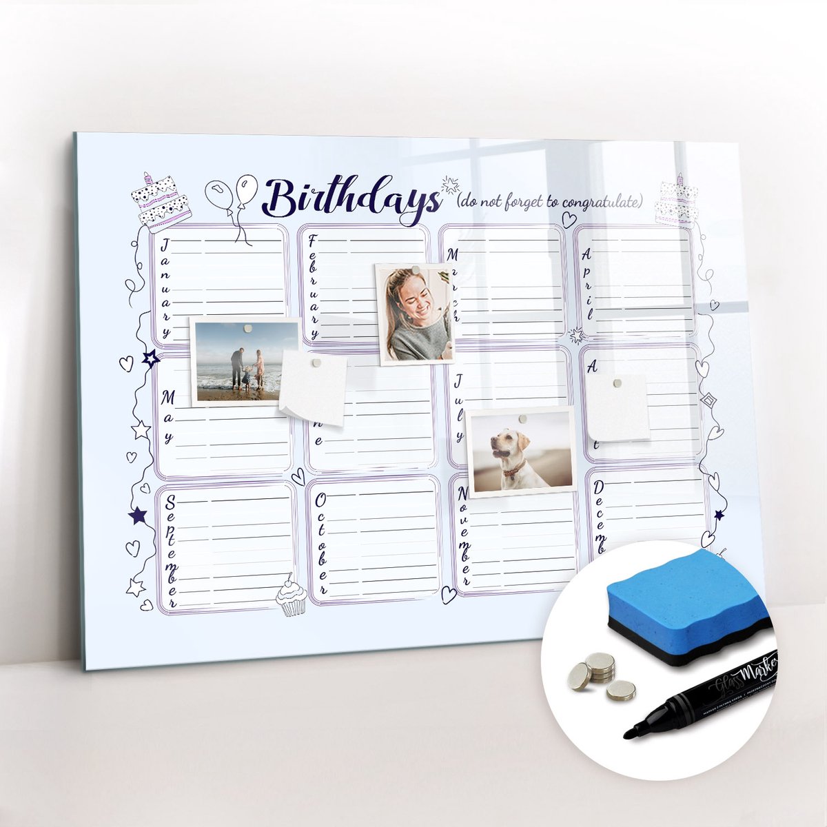 Tulup Whitebord - Verjaardagsbericht - 100 x 70 cm - Blauw Memo Bord - Gratis 5 Sterke Magneten + Whiteboard Marker & Wisser - Wanddecoratie Kantoor - Memobord Glas - Inspiratiebord Kantoor