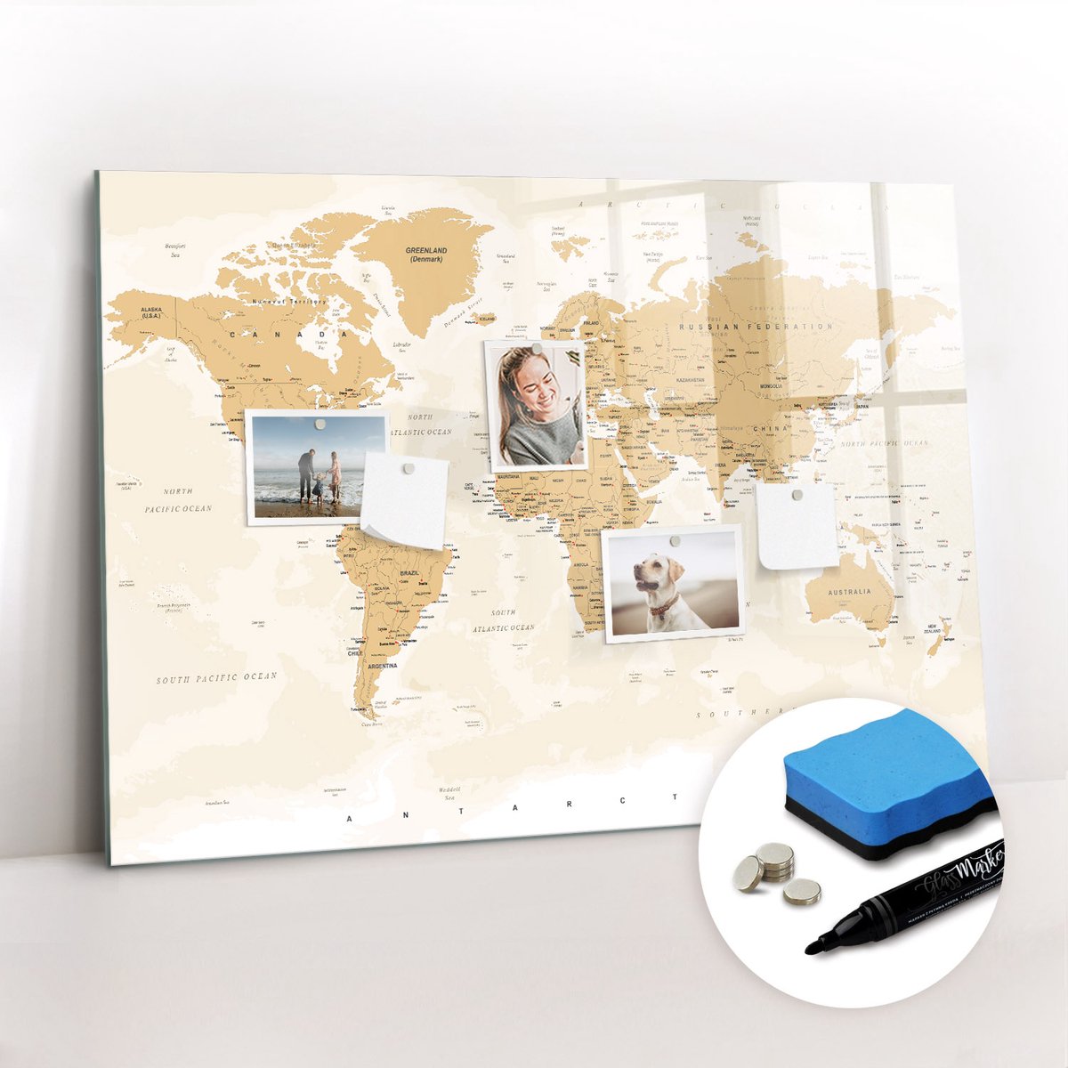 Tulup Whitebord - Politieke wereldkaart - 100 x 70 cm - Oranje Memobord Magnetisch - Gratis 5 Sterke Magneten + Whiteboard Marker & Wisser - Design Memobord - Magnetisch Wandbord - Inspiratiebord Kantoor