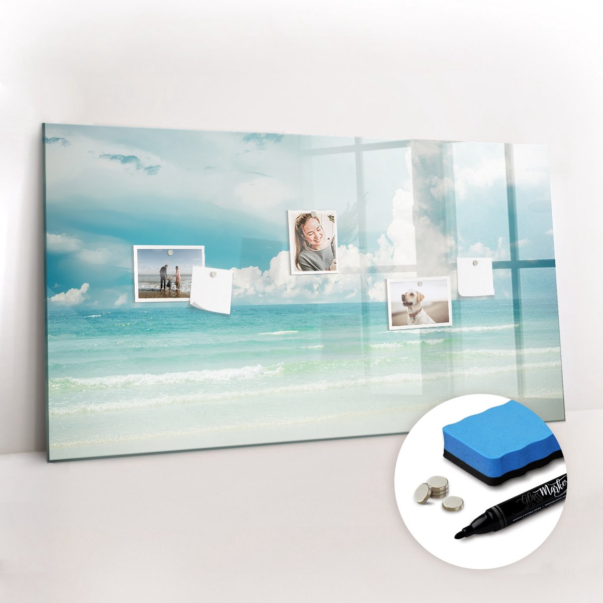 Tulup Whitebord - Zeelandschap - 120 x 60 cm - Blauw Magneetbord Rechthoekig - Gratis 5 Sterke Magneten + Whiteboard Marker & Wisser - Interieur Accessoires Kantoor - Magnetic Board - Ideeënbord Thuiswerkplek