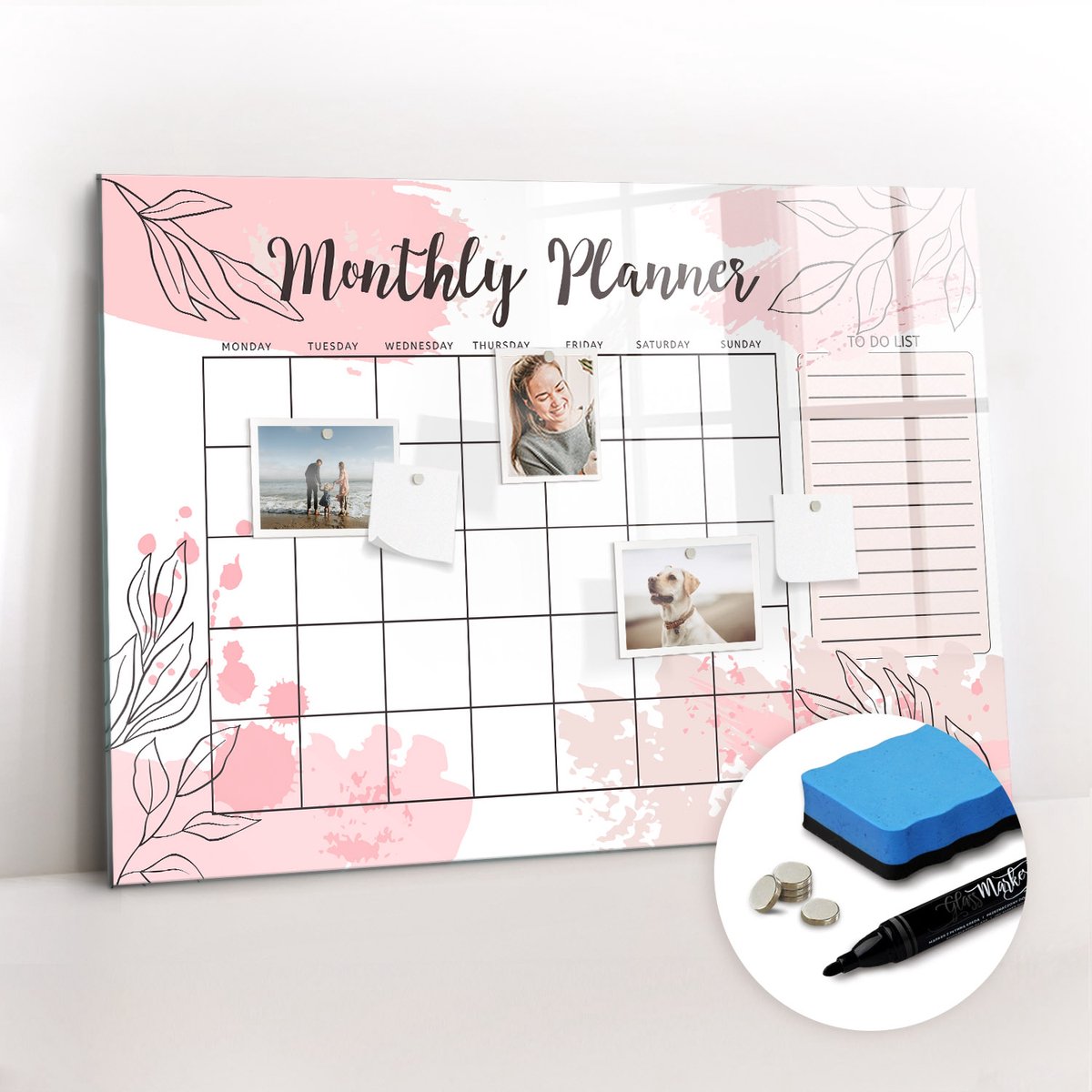 Tulup Whitebord - Roze maandplanner - 100 x 70 cm - Roze Magnetisch Bord - Gratis 5 Sterke Magneten + Whiteboard Marker & Wisser - Organizer Muur - Foto Magneetbord - Notitiebord Werkplek