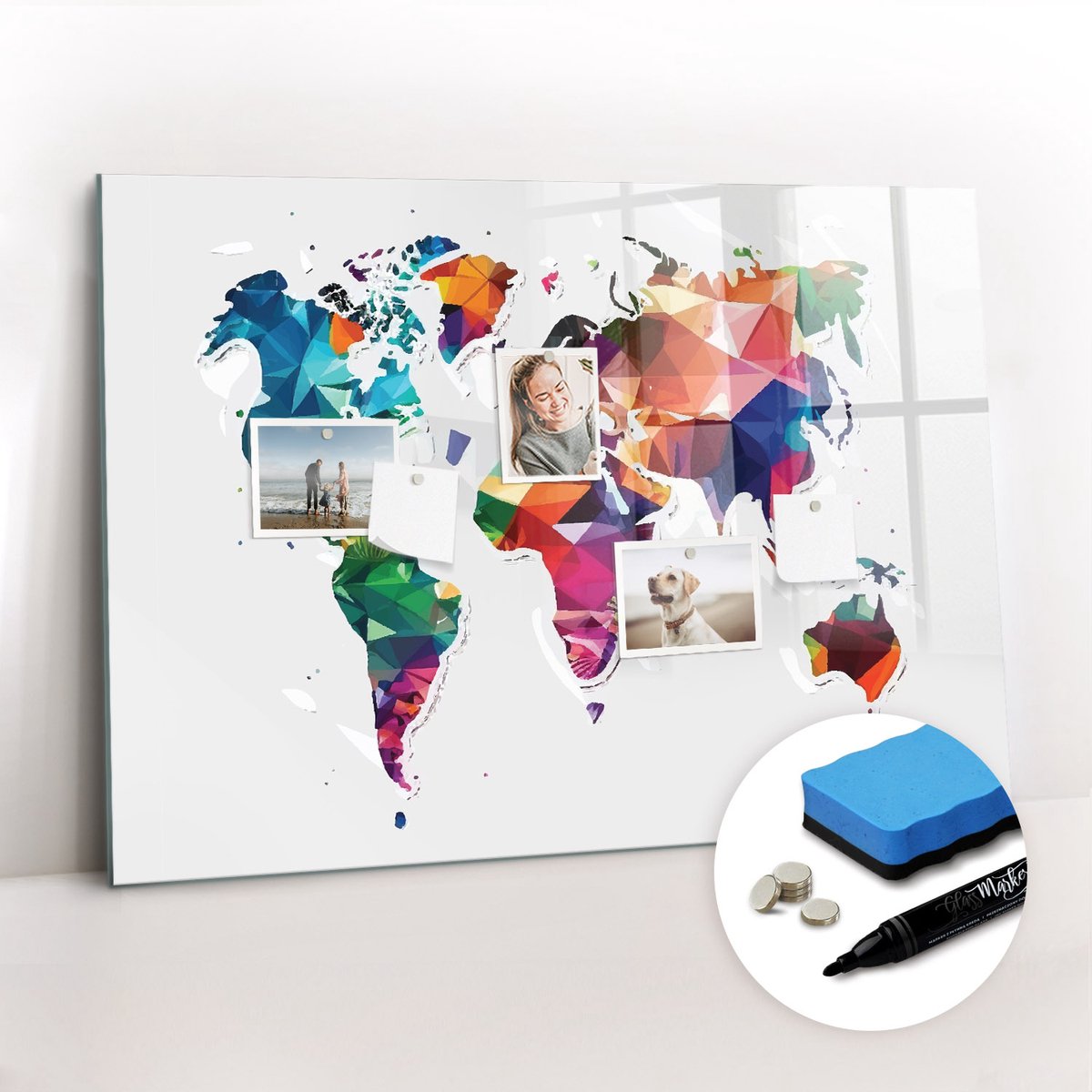 Tulup Whitebord - Wereldkaart van de Driehoek - 100 x 70 cm - Veelkleurig Magnet Board - Gratis 5 Sterke Magneten + Whiteboard Marker & Wisser - Wanddecoratie Kantoor - Memobord Keuken - Ideeënbord Thuiswerkplek