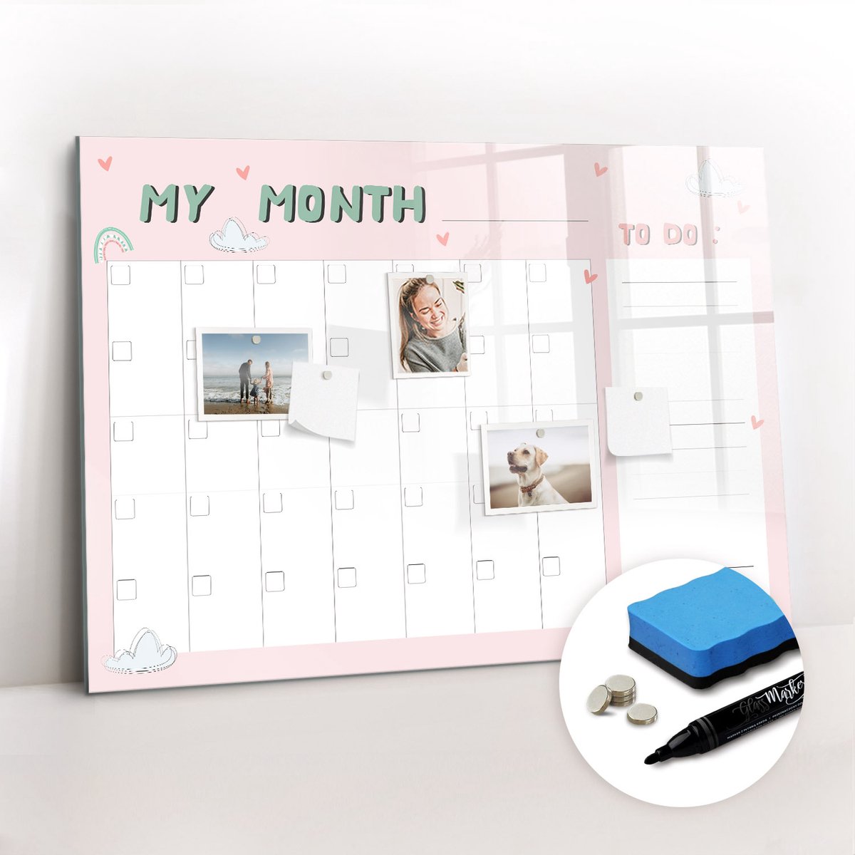 Tulup Whitebord - Maandplanner voor kinderen - 100 x 70 cm - Roze Magnetisch Wandbord - Gratis 5 Sterke Magneten + Whiteboard Marker & Wisser - Interieur Accessoires Kantoor - Magnetisch Bord Kind - Inspiratiebord Kantoor