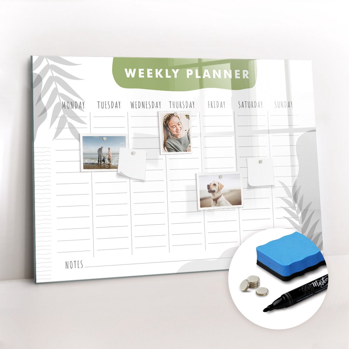 Tulup Whitebord - Weekplan - 100 x 70 cm - Wit Memobord Glas - Gratis 5 Sterke Magneten + Whiteboard Marker & Wisser - Wanddecoratie Kantoor - Magnetisch Bord - Inspiratiebord Kantoor