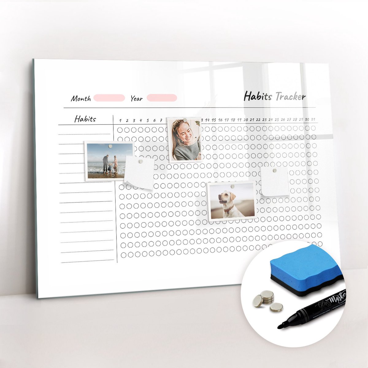 Tulup Whitebord - Gewoonte bijhouden - 100 x 70 cm - Wit Magneetbord Rechthoekig - Gratis 5 Sterke Magneten + Whiteboard Marker & Wisser - Decoratief Magnetisch Bord - Memobord Keuken - Inspiratiebord Kantoor