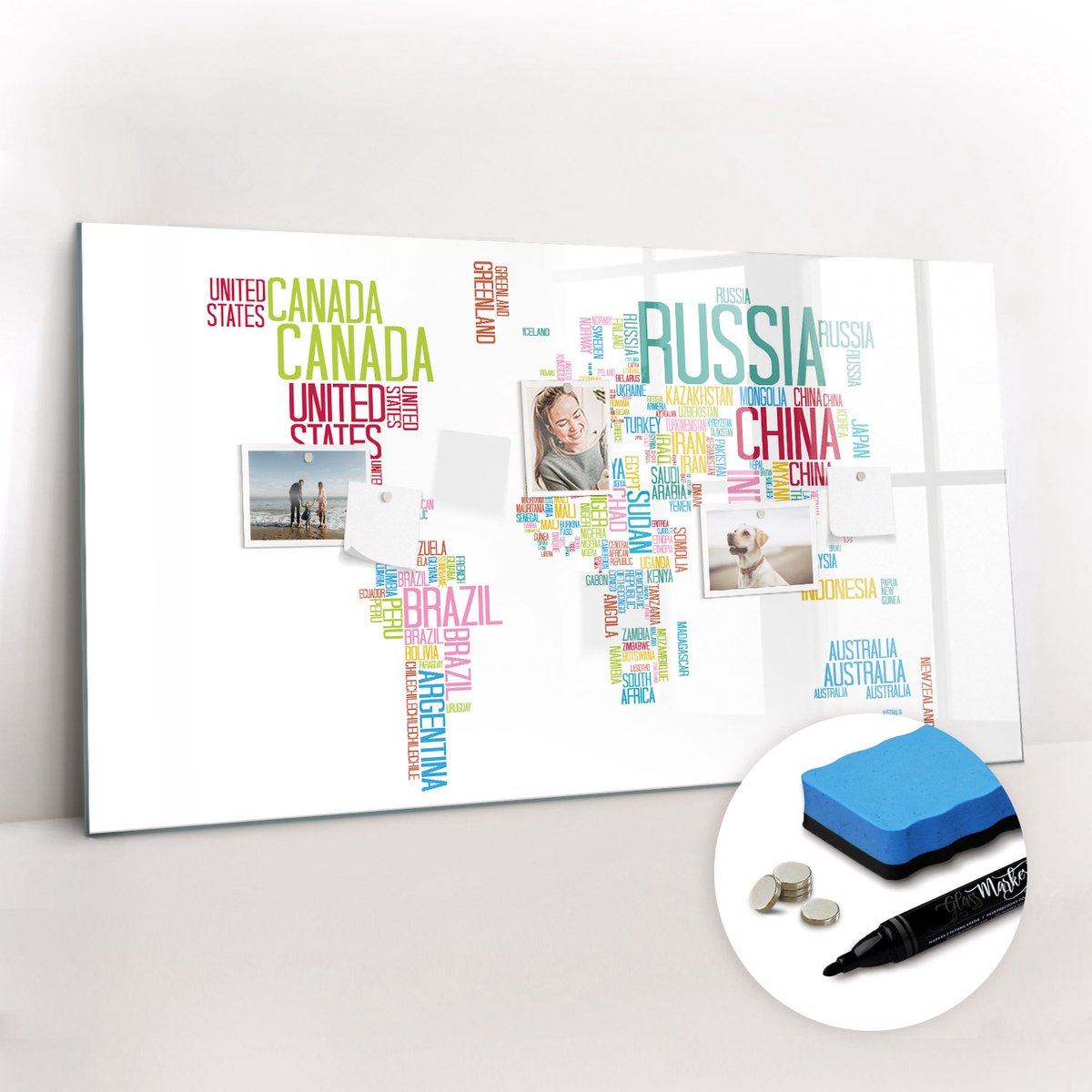 Tulup Whitebord - Kaart met landnamen - 120 x 60 cm - Veelkleurig Magnetisch Bord Kind - Gratis 5 Sterke Magneten + Whiteboard Marker & Wisser - Moderne Wanddecoratie - Memobord Keuken - Planning Muur
