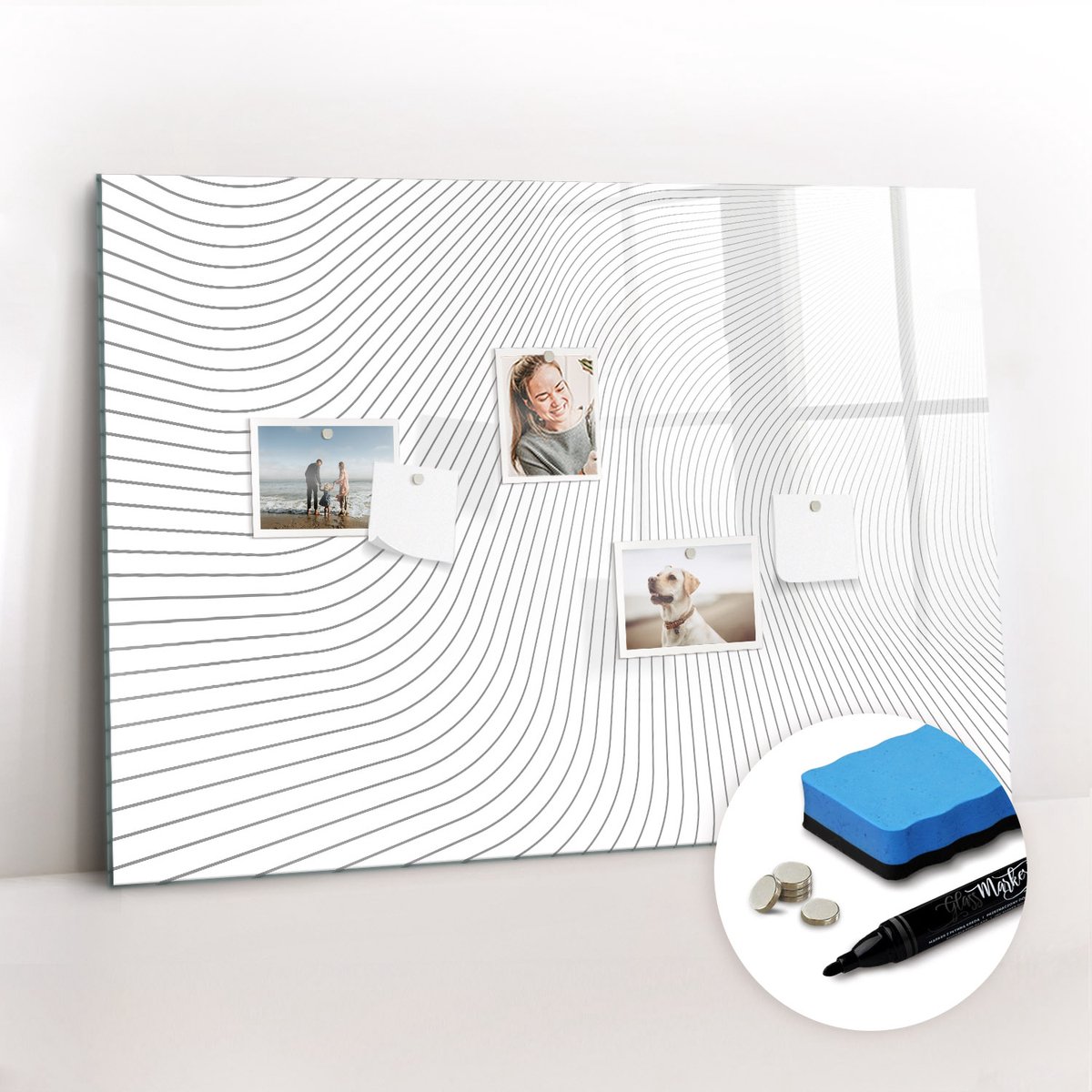 Tulup Whitebord - Abstracte lijnen - 100 x 70 cm - Zwart-wit Magnetisch Memobord - Gratis 5 Sterke Magneten + Whiteboard Marker & Wisser - Minimalistisch Prikbord - Memo Magneetbord - Planning Muur