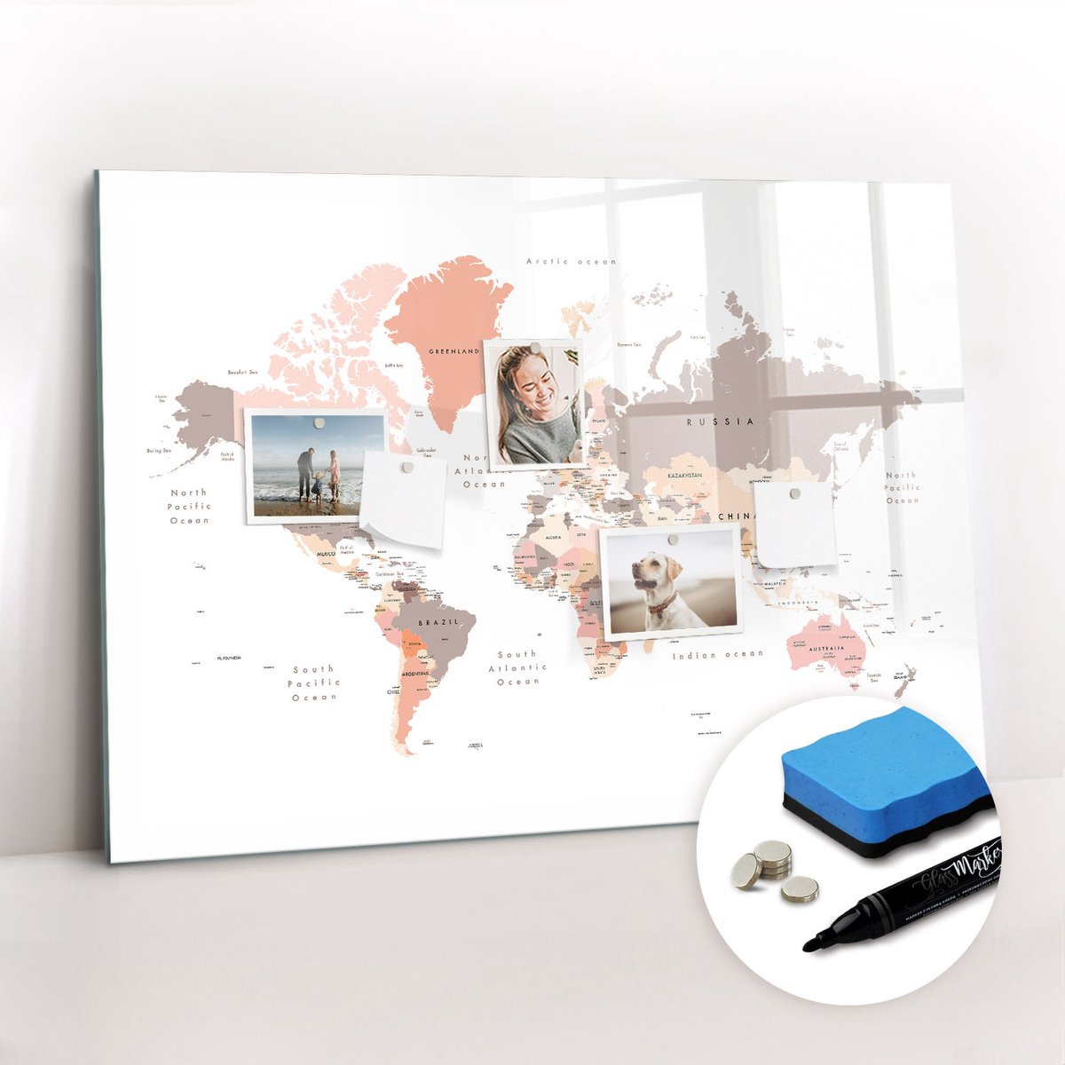 Tulup Whitebord - Universele wereldkaart - 100 x 70 cm - Bruin Magneetbord Keuken - Gratis 5 Sterke Magneten + Whiteboard Marker & Wisser - Stylish Memo Board - Memobord Glas - Planning Muur