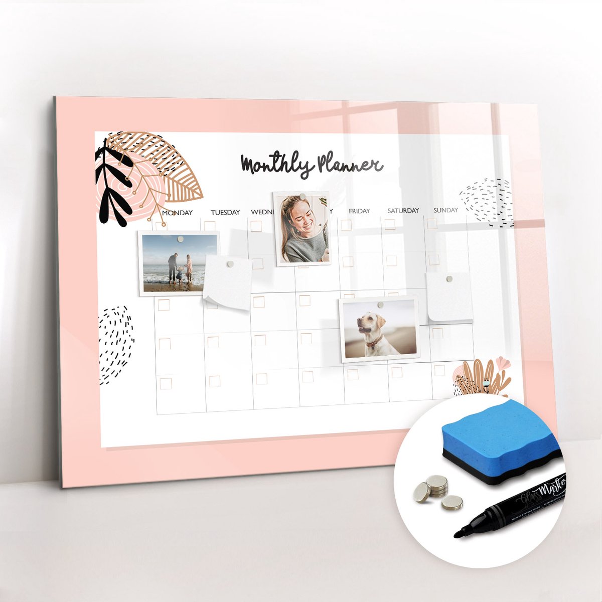 Tulup Whitebord - Maandplanner met bloemen - 100 x 70 cm - Wit Magneetbord Foto - Gratis 5 Sterke Magneten + Whiteboard Marker & Wisser - Scandinavisch Design Bord - Magneetbord Keuken - Planning Muur