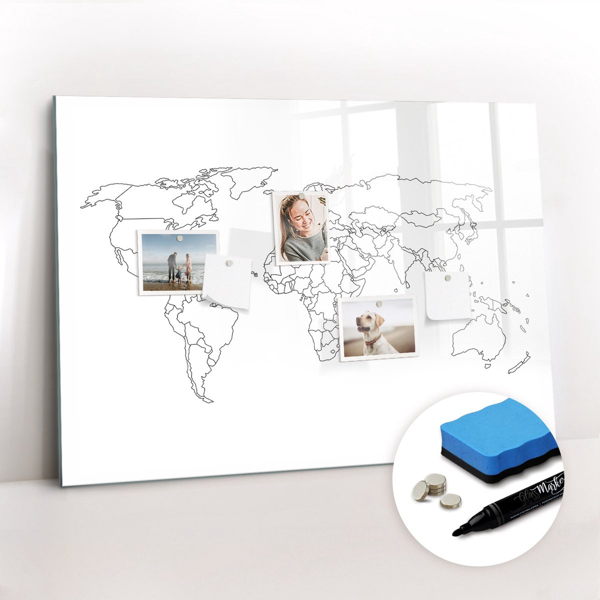 Tulup Whitebord - Contourkaart van de wereld - 100 x 70 cm - Wit Magneetbord Muur - Gratis 5 Sterke Magneten + Whiteboard Marker & Wisser - Minimalistisch Prikbord - Magnet Board - Planning Muur