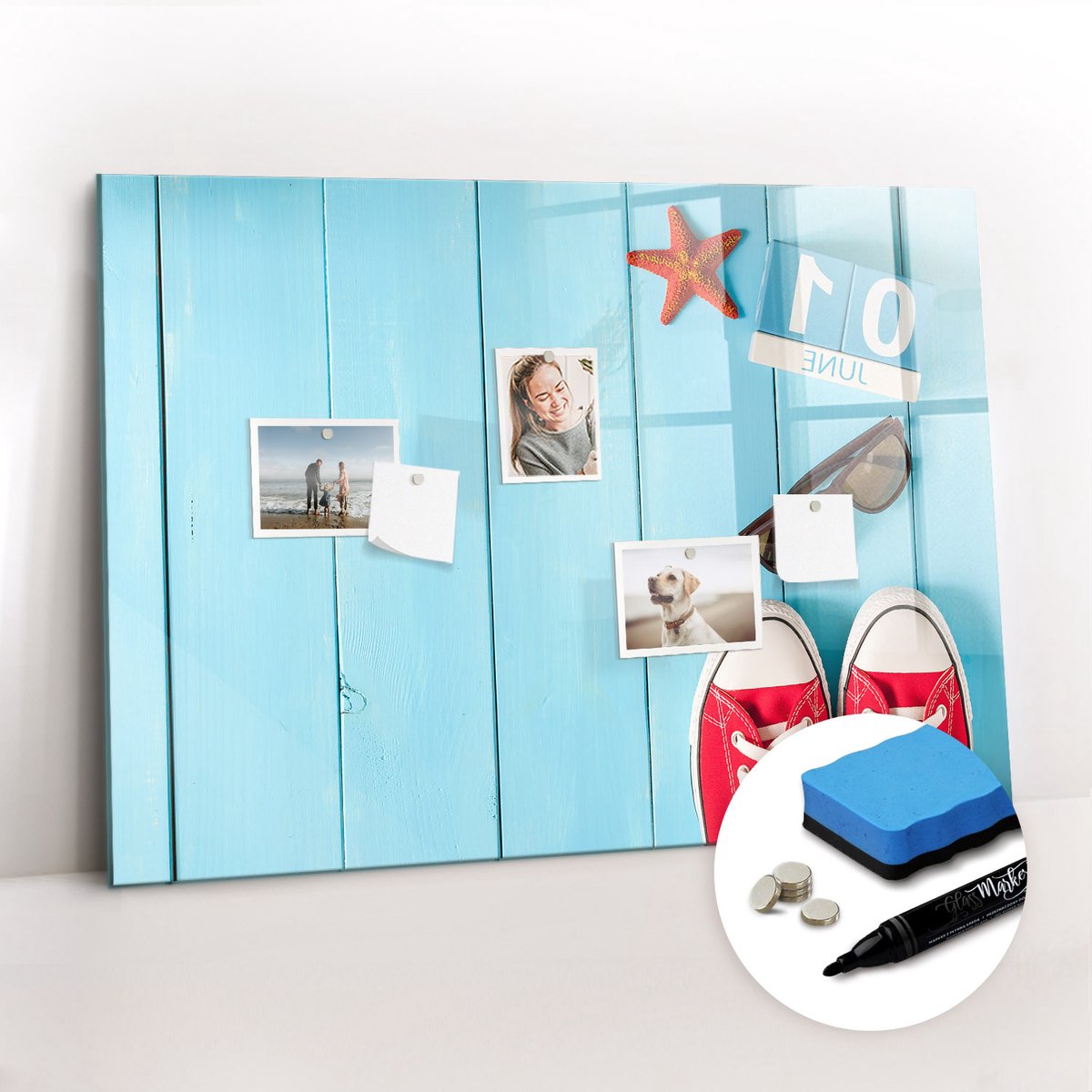 Tulup Whitebord - De eerste dag van de zomer - 100 x 70 cm - Blauw Memo Bord - Inclusief Gratis Magneten & Marker & Spons - Industrieel Wandbord - Memobord Magnetisch - Ideeënbord Thuiswerkplek