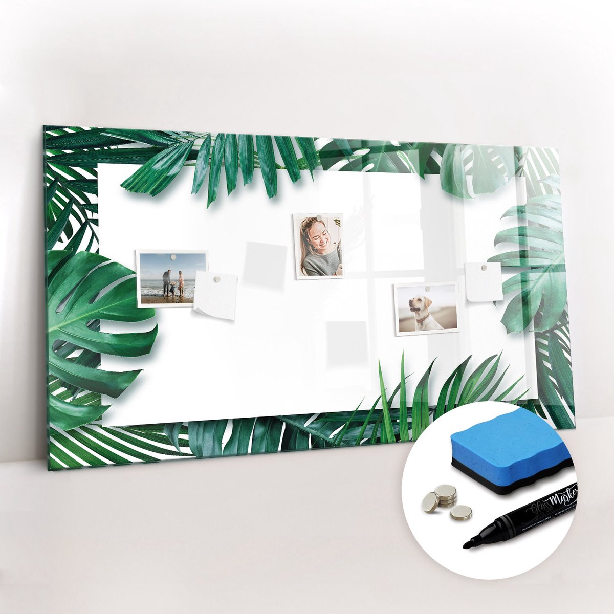 Tulup Whitebord - Tropische monstera-bladeren - 120 x 60 cm - Groente Memo Magneetbord - Gratis 5 Sterke Magneten + Whiteboard Marker & Wisser - Wanddecoratie Kantoor - Memobord Glas - Inspiratiebord Kantoor