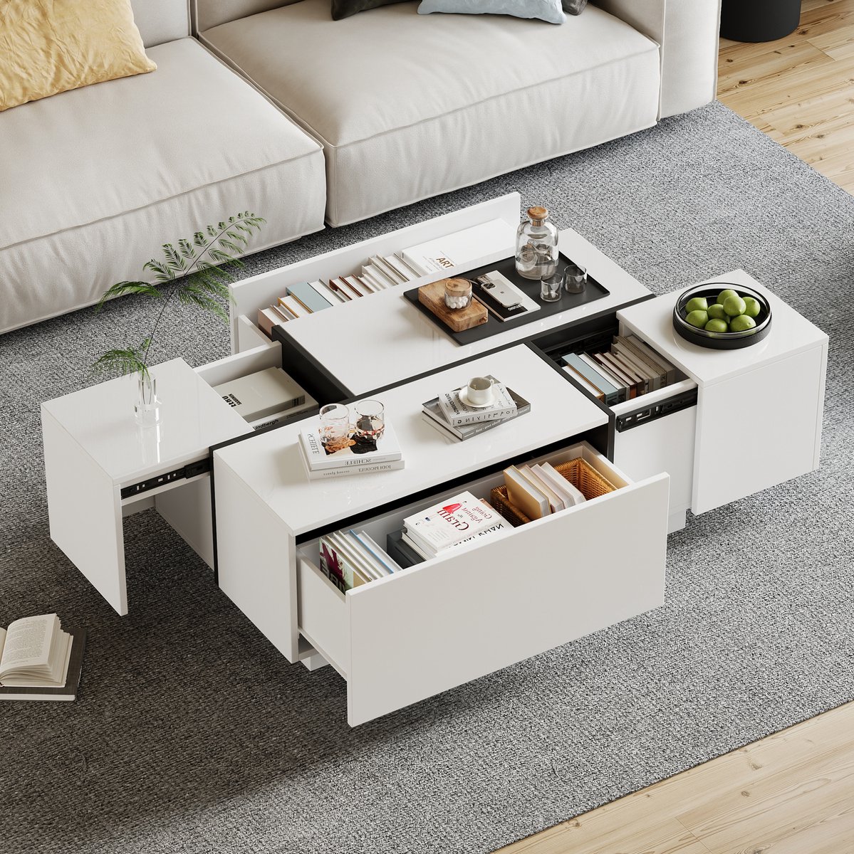 HAUSS SPOLE Salontafel - Hoogglans Tafel Met 4 Lades - Modern Voor Woonkamer - Spaanplaat In Wit En Zwart - 100x60x40 Cm