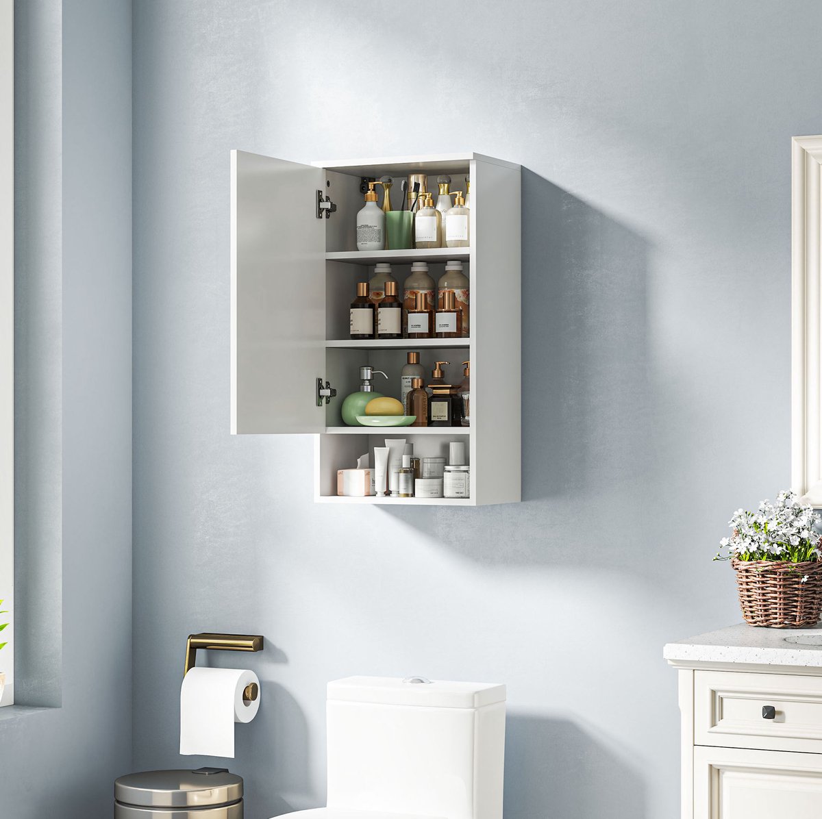 MEUNIQ wandkast badkamerkast 77 x 40 x 27 cm met deuren, verstelbare planken en open vak, wandmontage kast voor badkamer of keuken, wit