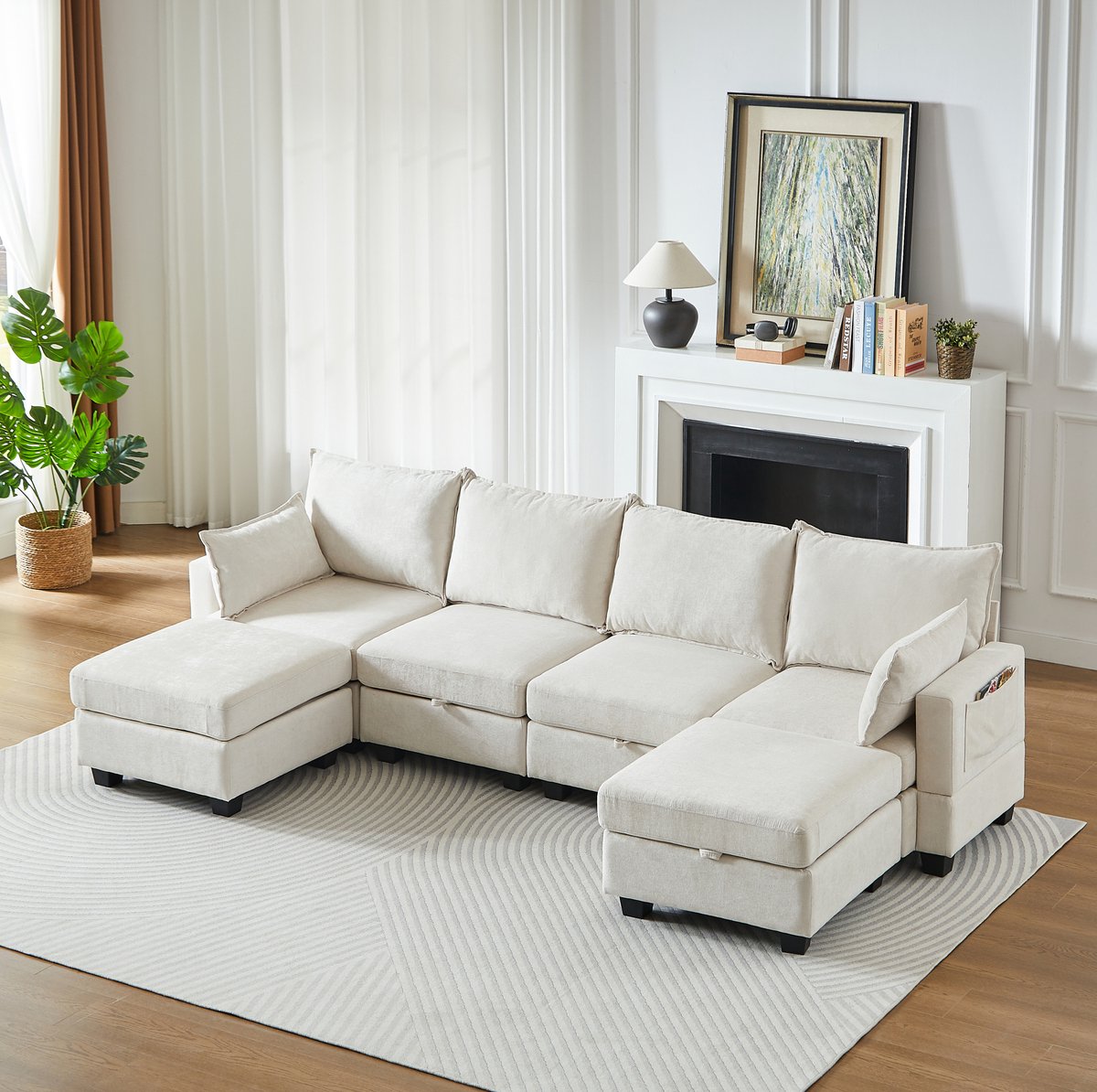 FloraGrace U-Bank – 6-Zits Modulaire Hoekbank Met Slaapfunctie En Opbergruimte – Voor Woonkamer – Chenille – Beige