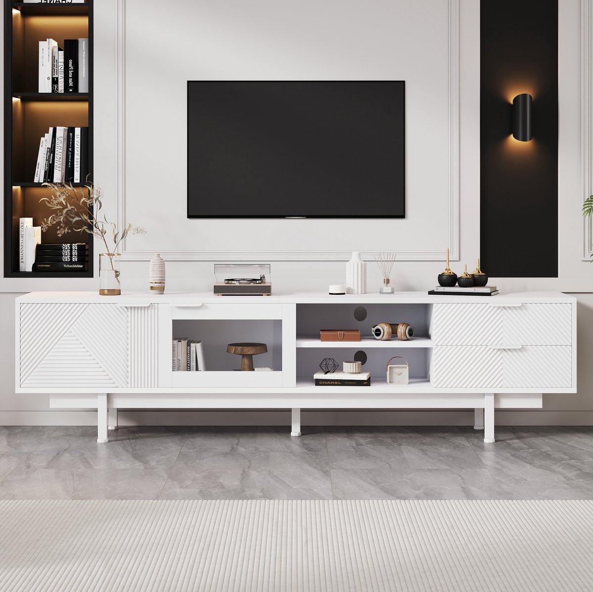 HAUSS SPOLE Tv Meubel - Modern Lowboard Met 2 Deuren En 2 Lades - Voor Woonkamer En Televisie Tot Ca 80 Inch - Wit - 200x40x50,5 Cm