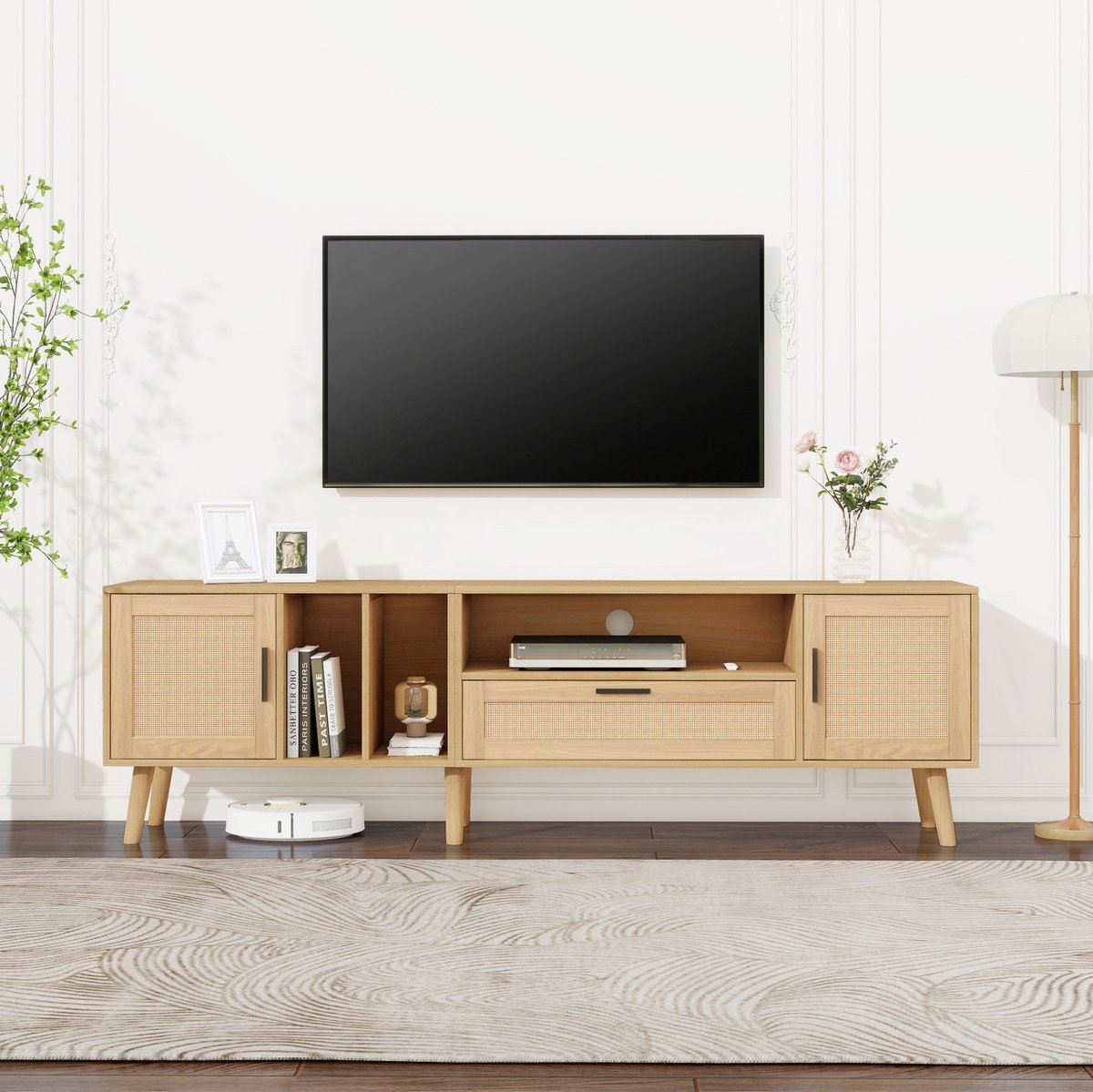 HAUSS SPOLE Dressoir - Tv Meubel Met Rotan Deuren En Lade - Voor Woonkamer En 80 Inch Televisie - Spaanplaat - 180x40x54 Cm - Eikenkleur