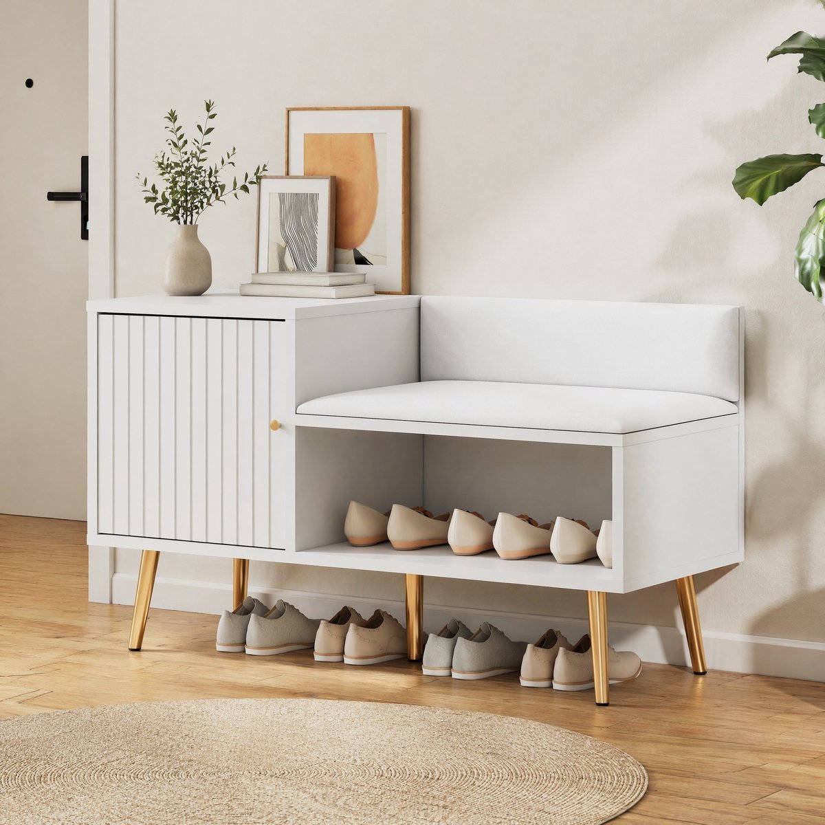 HAUSS SPOLE Schoenenkast - Opbergbank Met Rugleuning En Zitting - Voor Hal En Entree - Spaanplaat En Metaal - 100x38x58 Cm - Wit