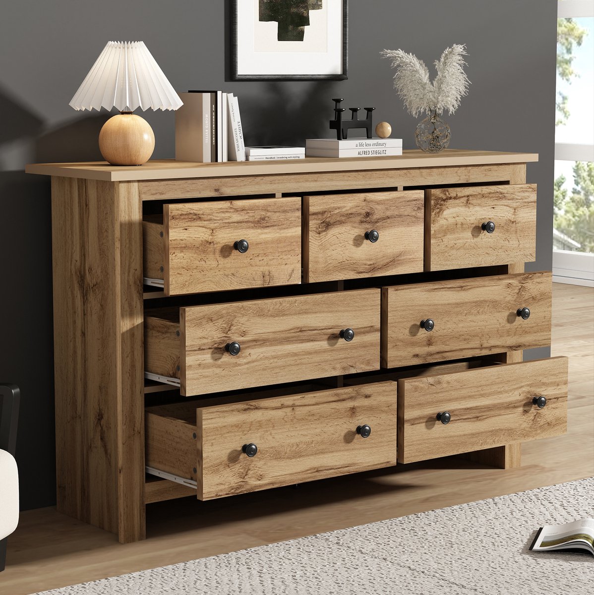 HAUSS SPOLE Dressoir - Modern Minimalistisch Met 7 Lades En Grote Opbergruimte - Voor Keuken Hal En Woonkamer - Spaanplaat - 152x40x88,5 Cm - Houtkleur