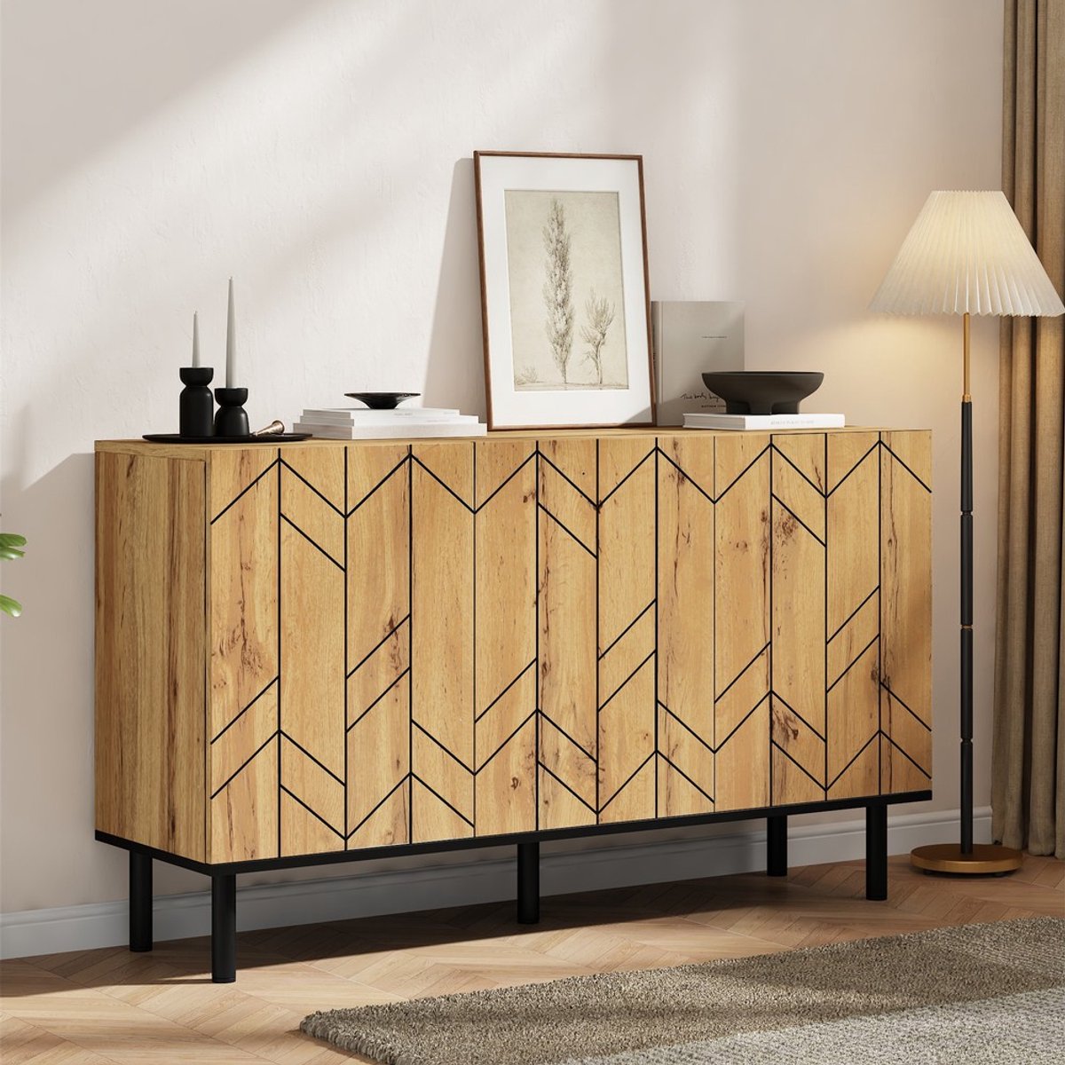KOMHTOM Dressoir - 120x35x70 cm - 3 Deuren - Spaanplaat met Metalen Poten - Opbergkast Woonkamer Eetkamer Hal - Natuurlijke Houtkleur - Golfpatroon Design - Draagvermogen 50 kg - Modern Sideboard Kast