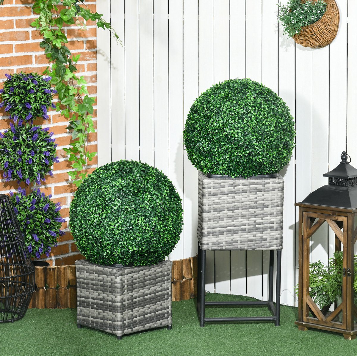 MEUNIQ 2-delige set kunstmatige buxusbollen Ø50 cm, kunstplant van kunststof voor binnen en buiten, groene bolvormige decoratie voor woonkamer, slaapkamer, kantoor of tuin