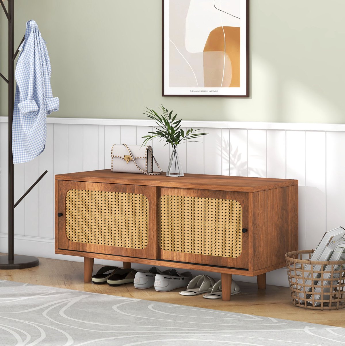 HAUSS SPOLE Schoenenkast - Met 2 Deuren En Verstelbare Plank - Voor Hal, Woonkamer En Slaapkamer - Spaanplaat - 104x40x48 Cm - Walnoot