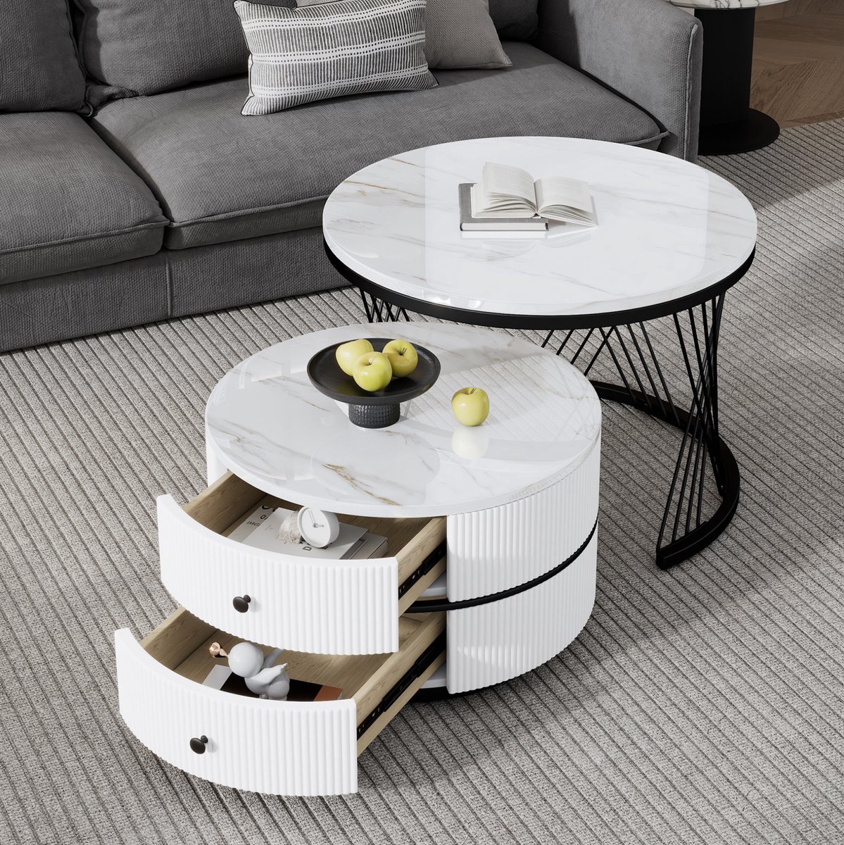 HAUSS SPOLE Salontafel - 2-Delige Ronde Nesttafel Met Hoogglans Marmerlook En 2 Lades - Voor Woonkamer - MDF - 60x60x46 cm - Wit