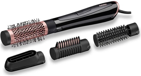 BaByliss airstyler met vier opzetstukken: föhnmondstuk, volumeborstel, gladmakende borstel en 38mm borstel.
