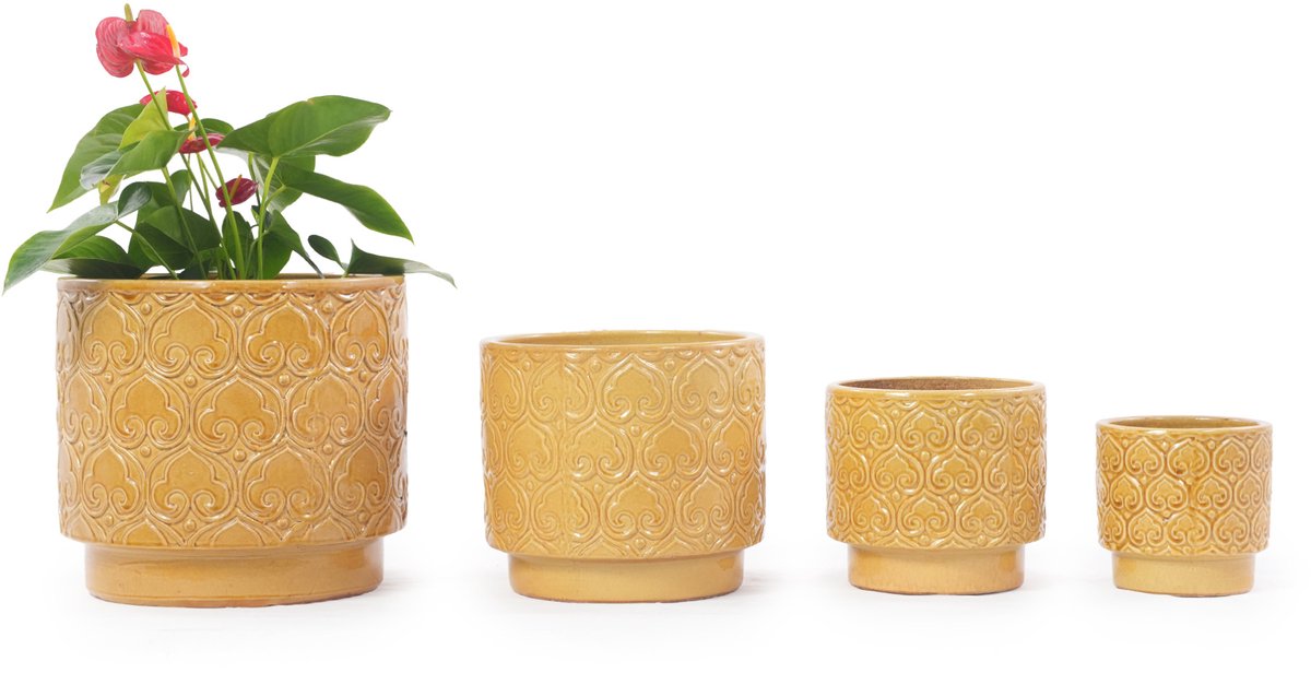 STILVORA Bloempot – 4-Delige Set Ø38 31,5 24 19 cm – Keramiek – Warmgeel – Voor Binnen En Buiten – Met Drainagegat En Voet