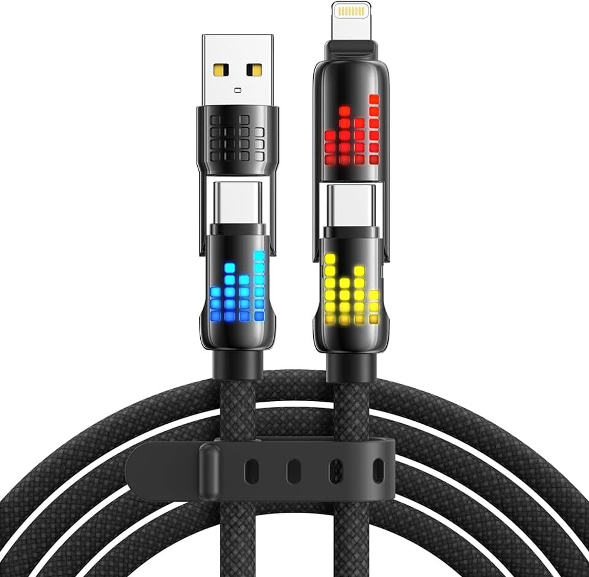 4-in-1 universele oplaadkabel, 2 m, 240 W, USB-snellaadkabel met RGB ledlicht, USBC/USBA naar Lightning, USBC/USBA naar USB C voor iPhone 16/15/14, Galaxy 24/23, laptop, zwart