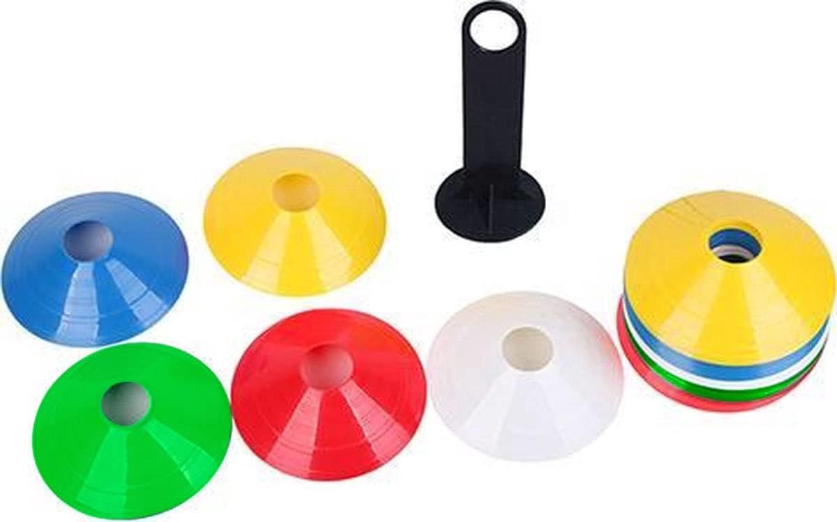 - Voetbal pionnen set - Voetbal hoedjes - Met houder - 50 stuks - 5 verschillende kleuren - Geel, rood, wit, blauw, groen - Buigbaar - 19CM