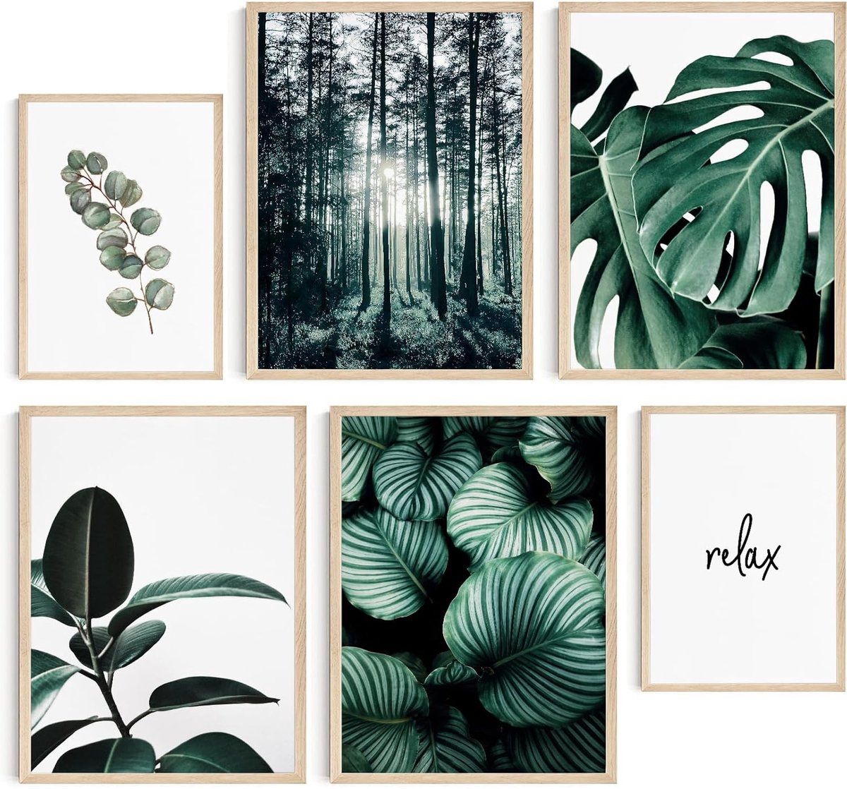 Posterset, woonkamerdecoratie slaapkamer, kamer - wanddecoratie, wandafbeeldingen - afbeeldingen zonder fotolijst (groene botanische bladeren, 4 x 30 x 40 cm, 2 x 21 x 30 cm)