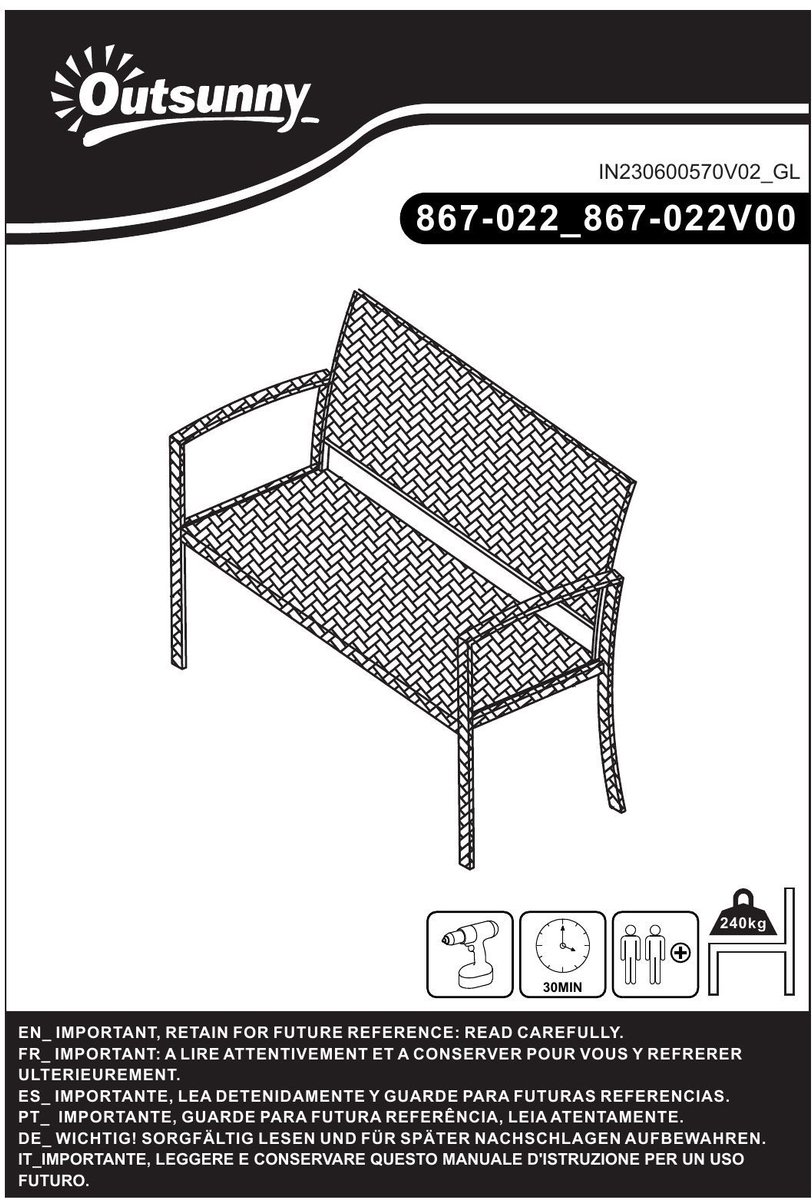 YYchan tuinbank voor buiten - 2 personen - grijs - 122 x 60 x 85 cm