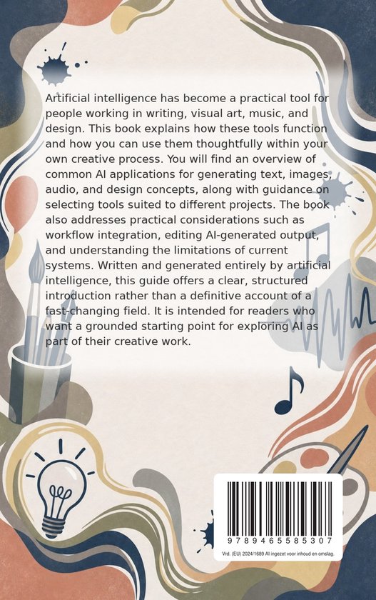 Boek met de titel "AI for Creative Projects". Met illustraties van een lamp, kunstbenodigdheden en muzieknoten.