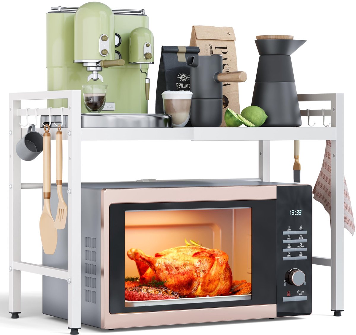 magnetronrek met 2 niveaus, ruimtebesparende magnetronhouder, rek voor luchtfriteuse, keukenrek, organizer voor keuken met 8 haken, wit