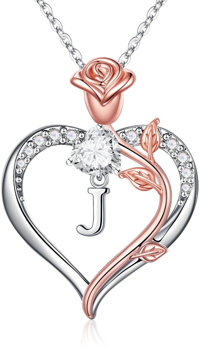 Ketting met rozen hart halsketting voor dames, 14 K witgoud verguld CZ hart ketting letters ketting verjaardagscadeau voor vrouwen vriendin meisjes geschenken voor verjaardag bruiloft Kerstmis