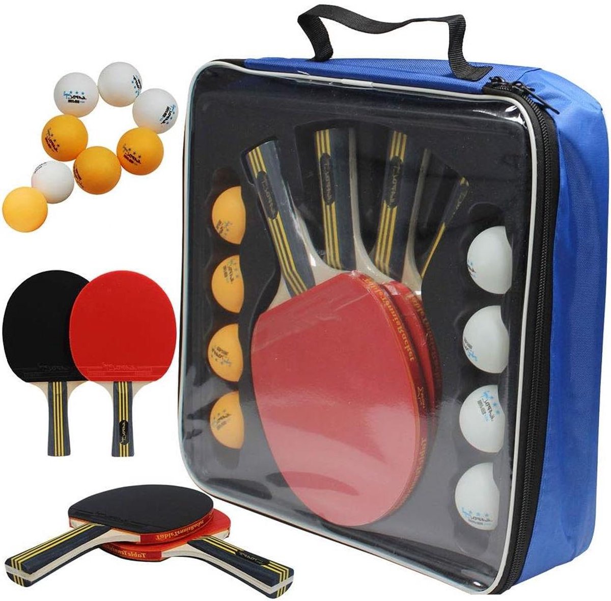 Tafeltennis Set - Ping Pong Rackets Ballen - Recreatief Spelen - Ergonomische Houten Blad - 8 Ballen 4 Rackets