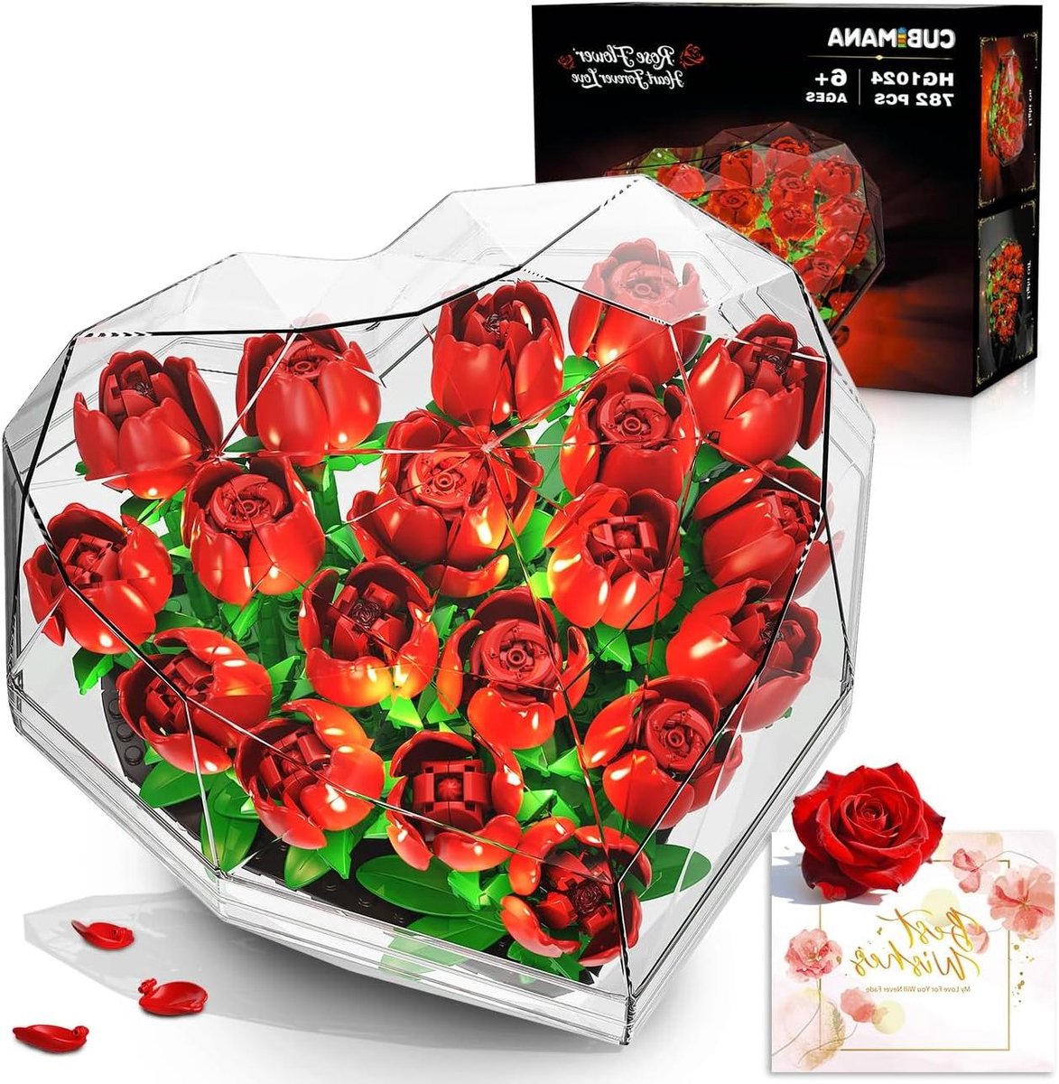 Rozen Bouwset - Bloemen Bouwstenen - Decoratie Thuis - Met LED Licht - 19 Rozen - Rood