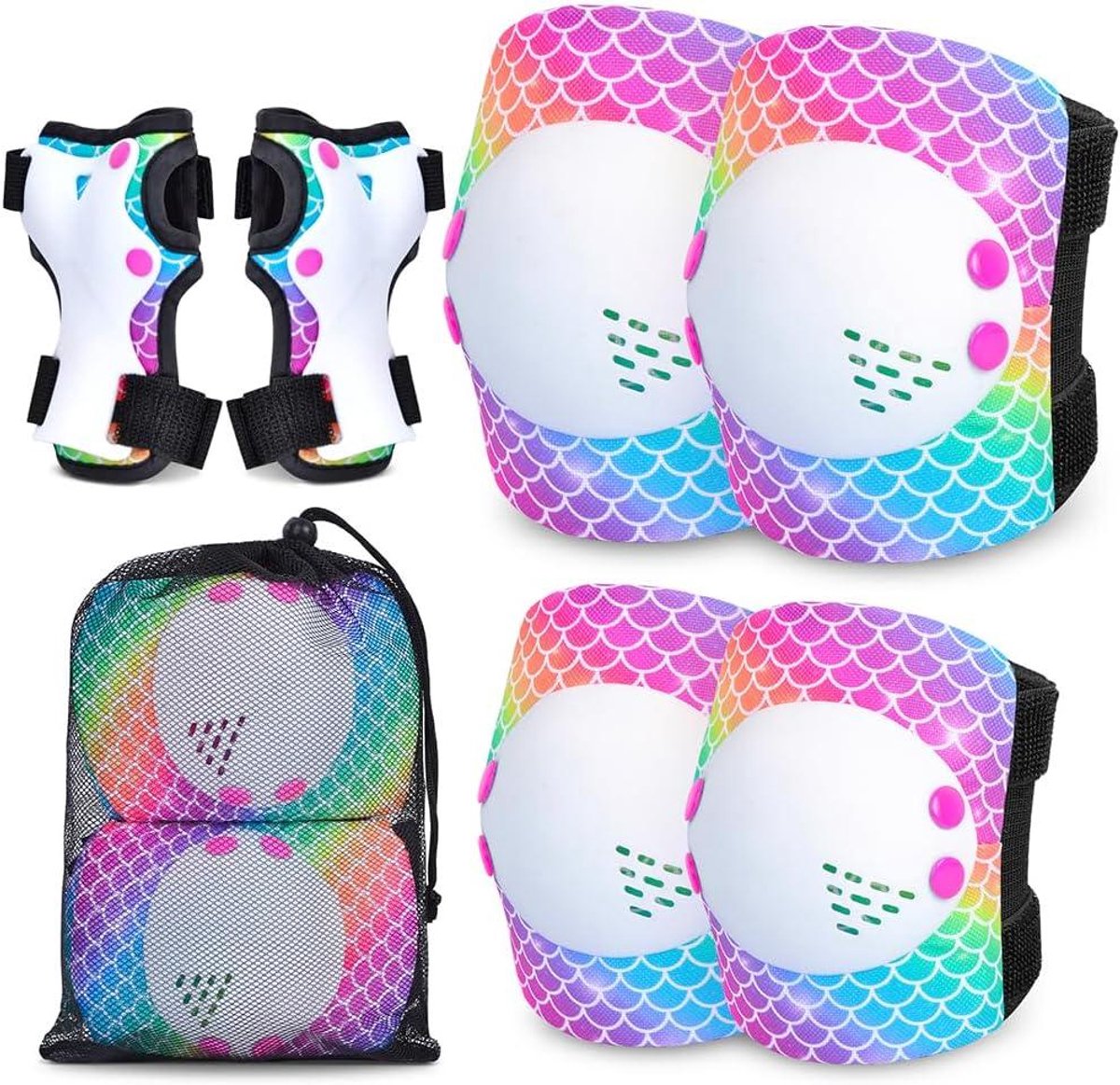Beschermingsset Kinderen - Kniebeschermers Elleboogbeschermers - Veilig Sporten - 7-delige Set - One Size - Regenboog