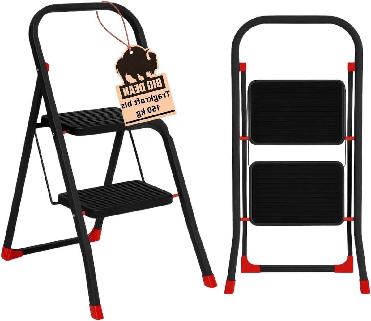 Trapladder 2 treden - Huishoudtrap opstapje - Veilig werken - TÜV-geteste veiligheid - 150 kg belastbaar - Zwart/rood