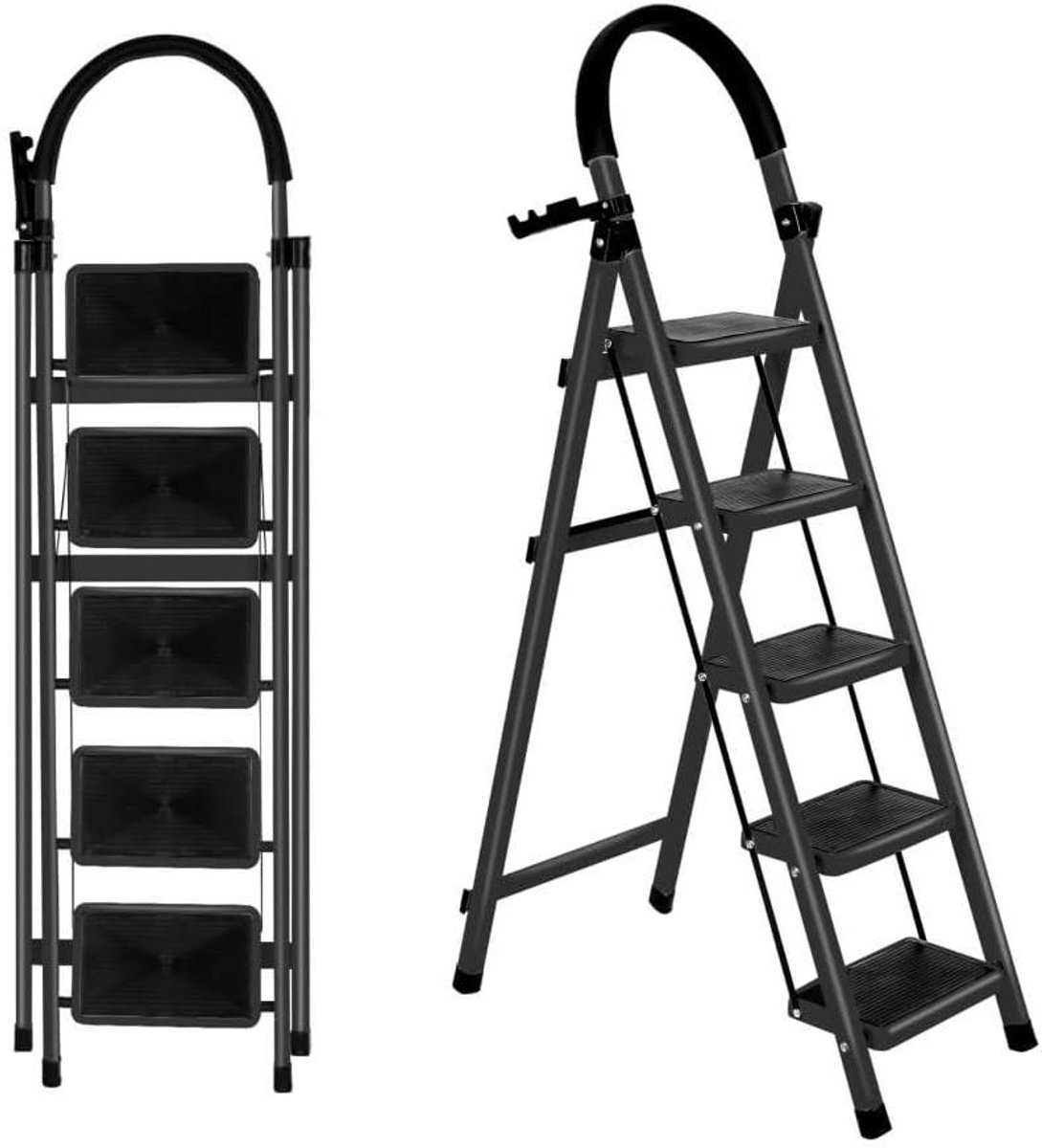 Opvouwbare Trapladder - Huishoudtrap Vouwladder - Klusjes in Huis - Veiligheidsvergrendeling Brede Pedalen - 5 Treden - Zwart