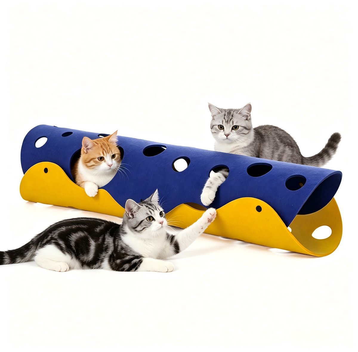 Kattentunnel - Konijnentunnel - Kruiptunnel - Multifunctioneel Kattenspeelgoed - DIY Kattentunnel Met Kaasgaten - Geel-blauw
