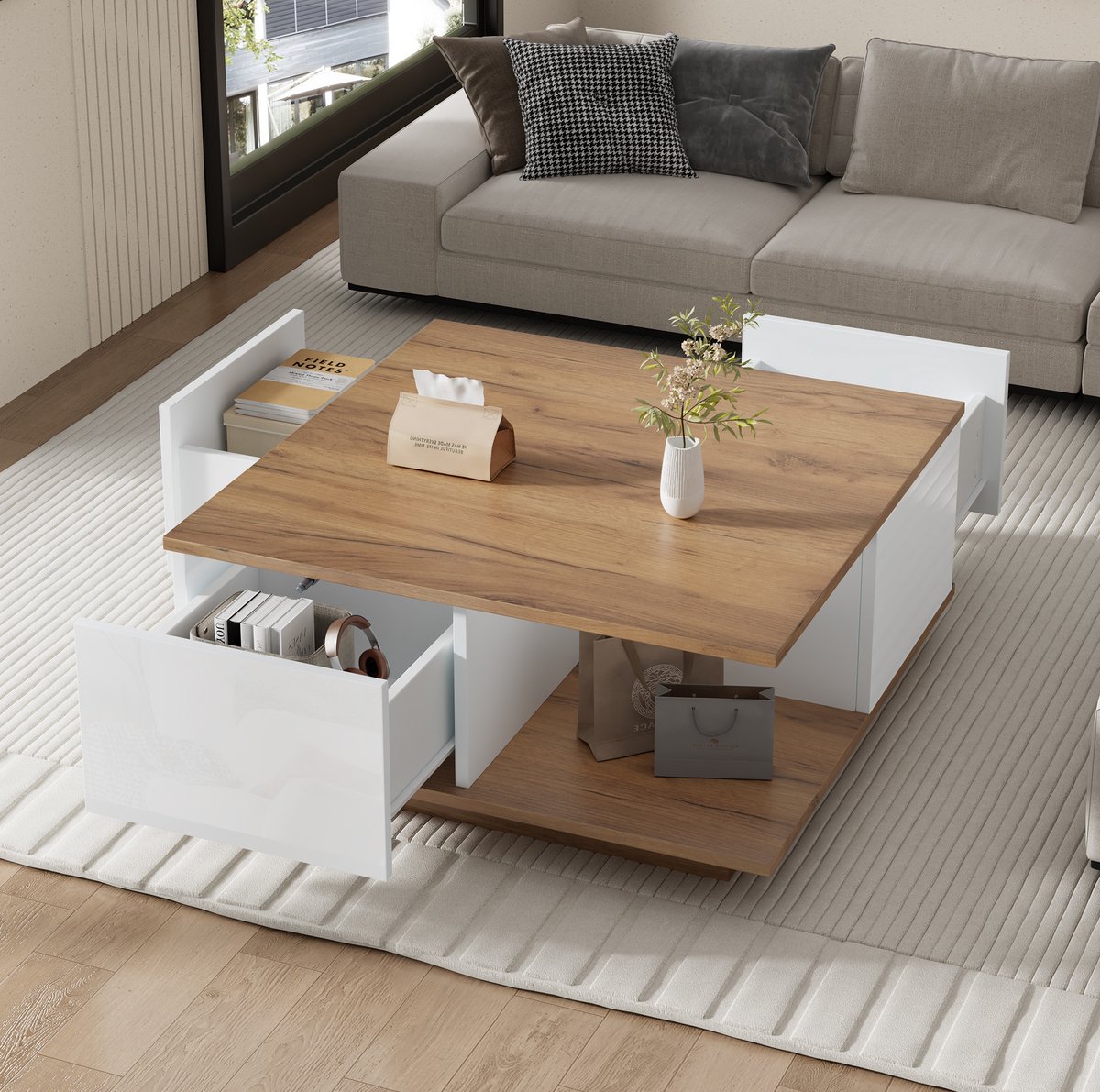 Salontafel Met 3 Lades En Open Opbergruimte - Vierkant Model Voor Kleine Woonkamer - Hoogglans Wit En Houtkleur - 70x70x31,5 Cm