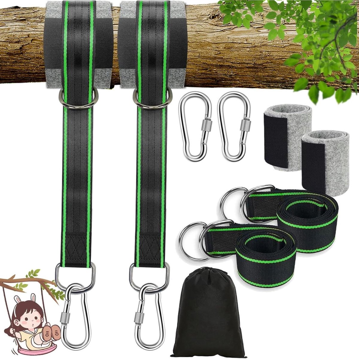 Schommelbevestiging Set - Hangmat Riemen - Buiten Ontspannen - Inclusief Boombescherming - 2 x 1.5 Meter - Groen