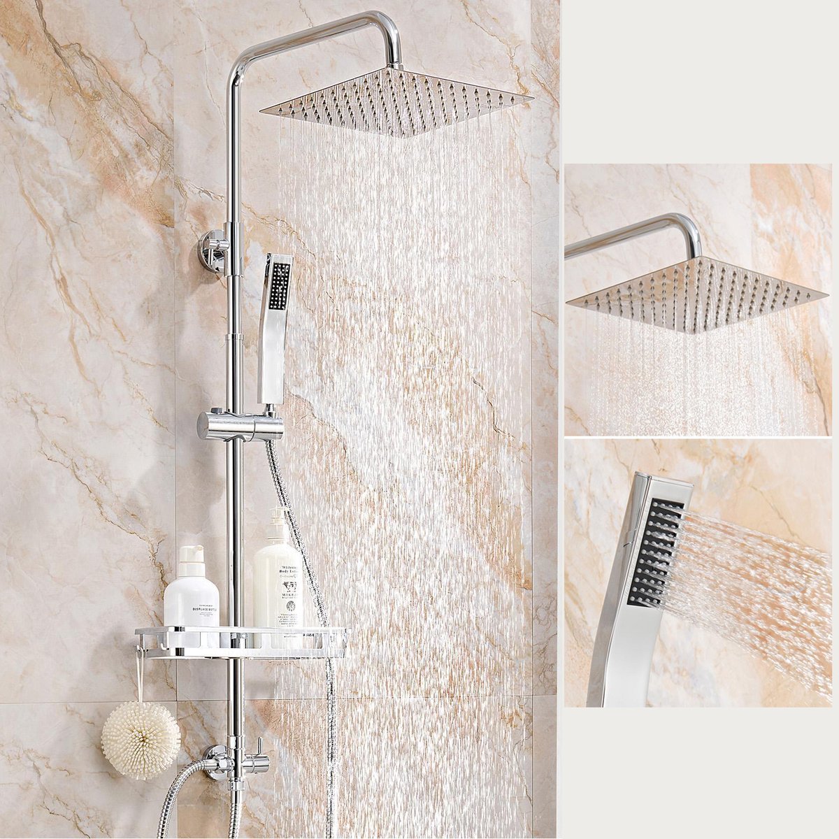 Auralum Max Regendouche - Zonder kraan - RVS Doucheset - 25x25 cm Douchekop - met Plankje - Vierkant Design - Verstelbare Hoogte 72-110 cm - Chroom