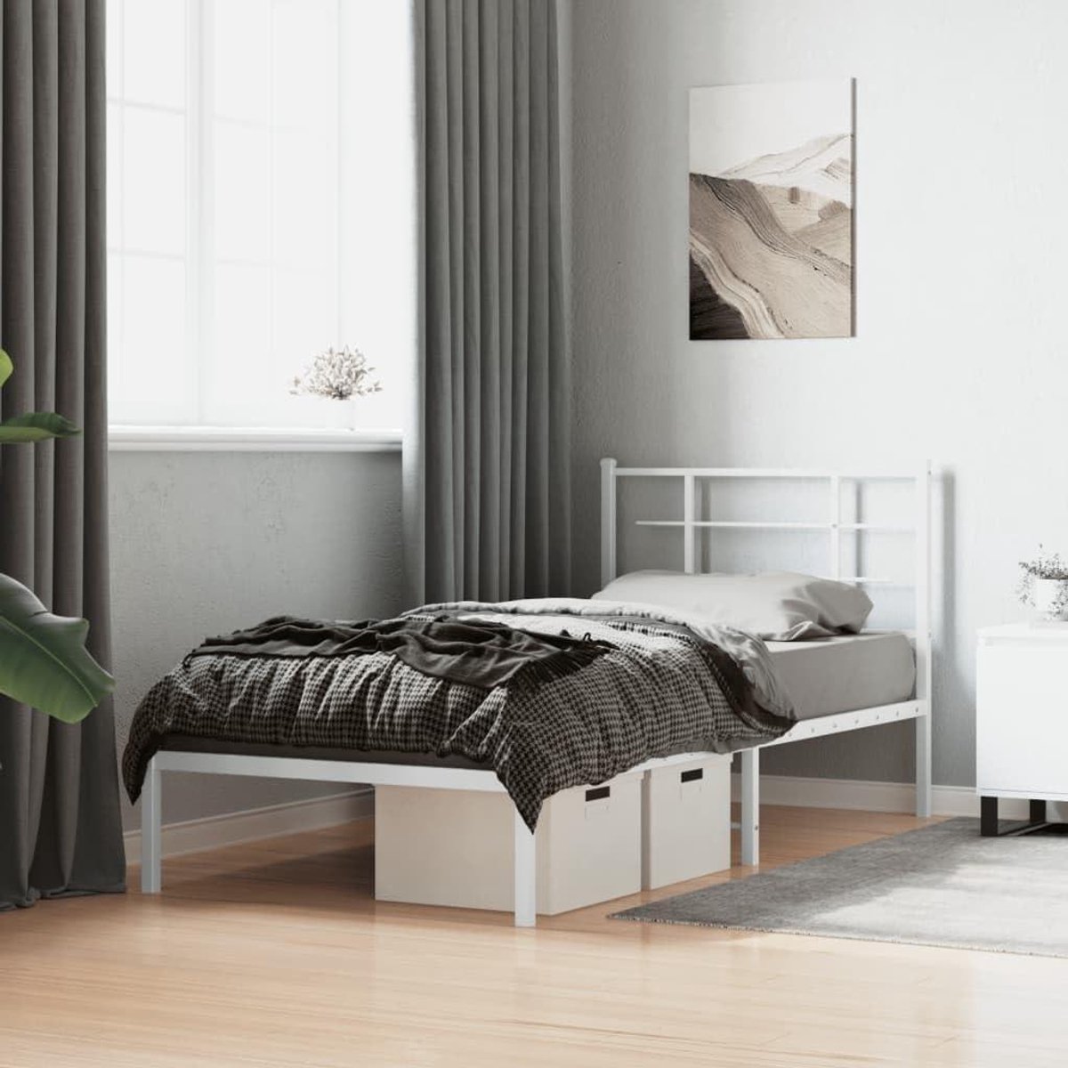 Metalen Bedframe - Eenpersoonsbed Omouw - Slaapkamer Inrichten - Robuuste Stalen Constructie - 90x200 cm - Wit