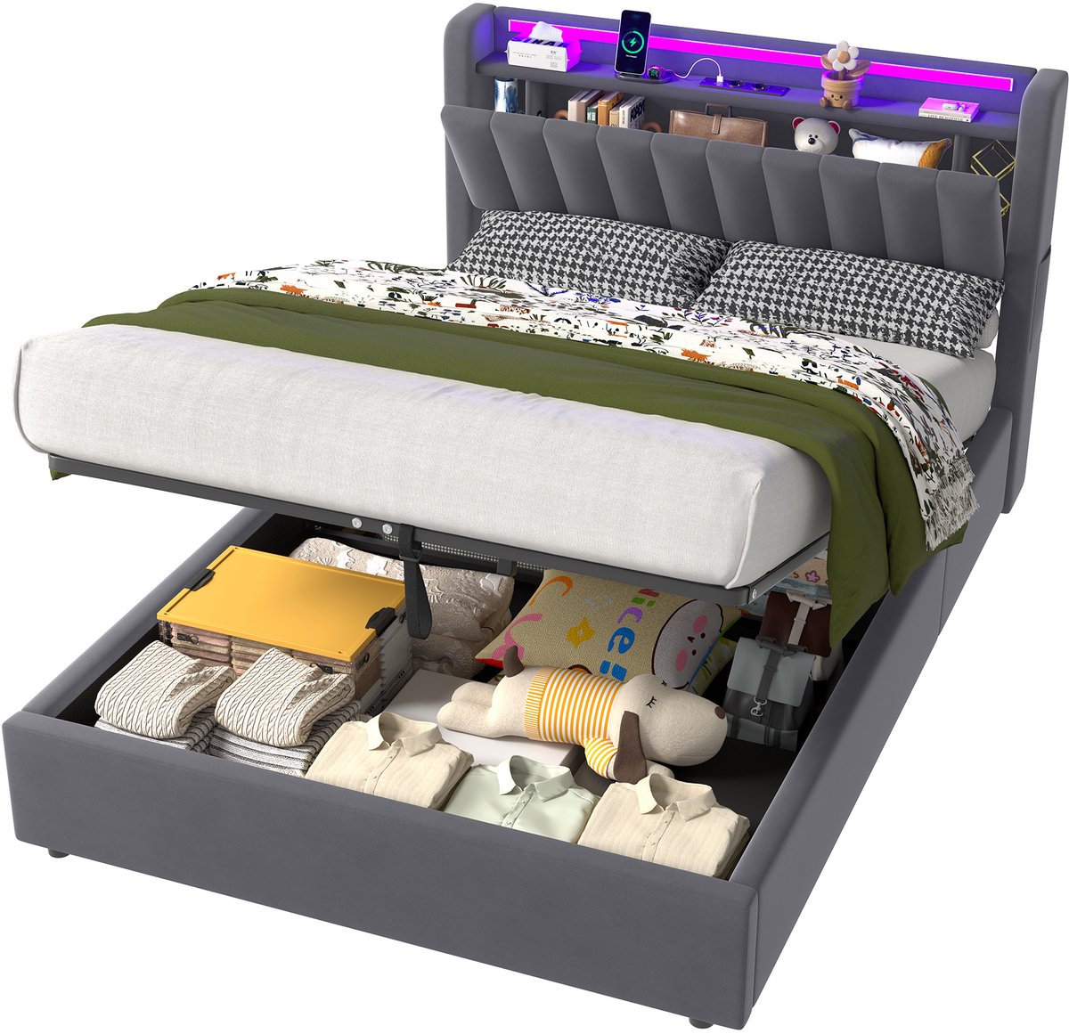 MODFU Hydraulisch Liftbed 140x190 cm – Met LED & USB – Fluweel grijs – Stil & kraakvrij – Met royale opbergruimte – Opbergbed