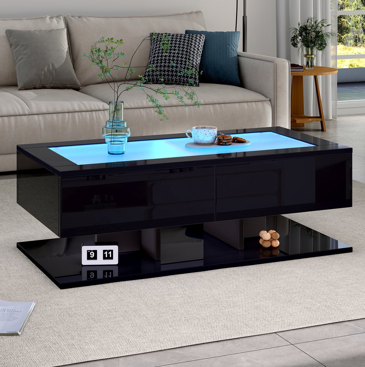 HAUSS SPOLE Salontafel - Hoogglans Met Ledverlichting En 2 Lades - Voor Woonkamer Bij Sofa